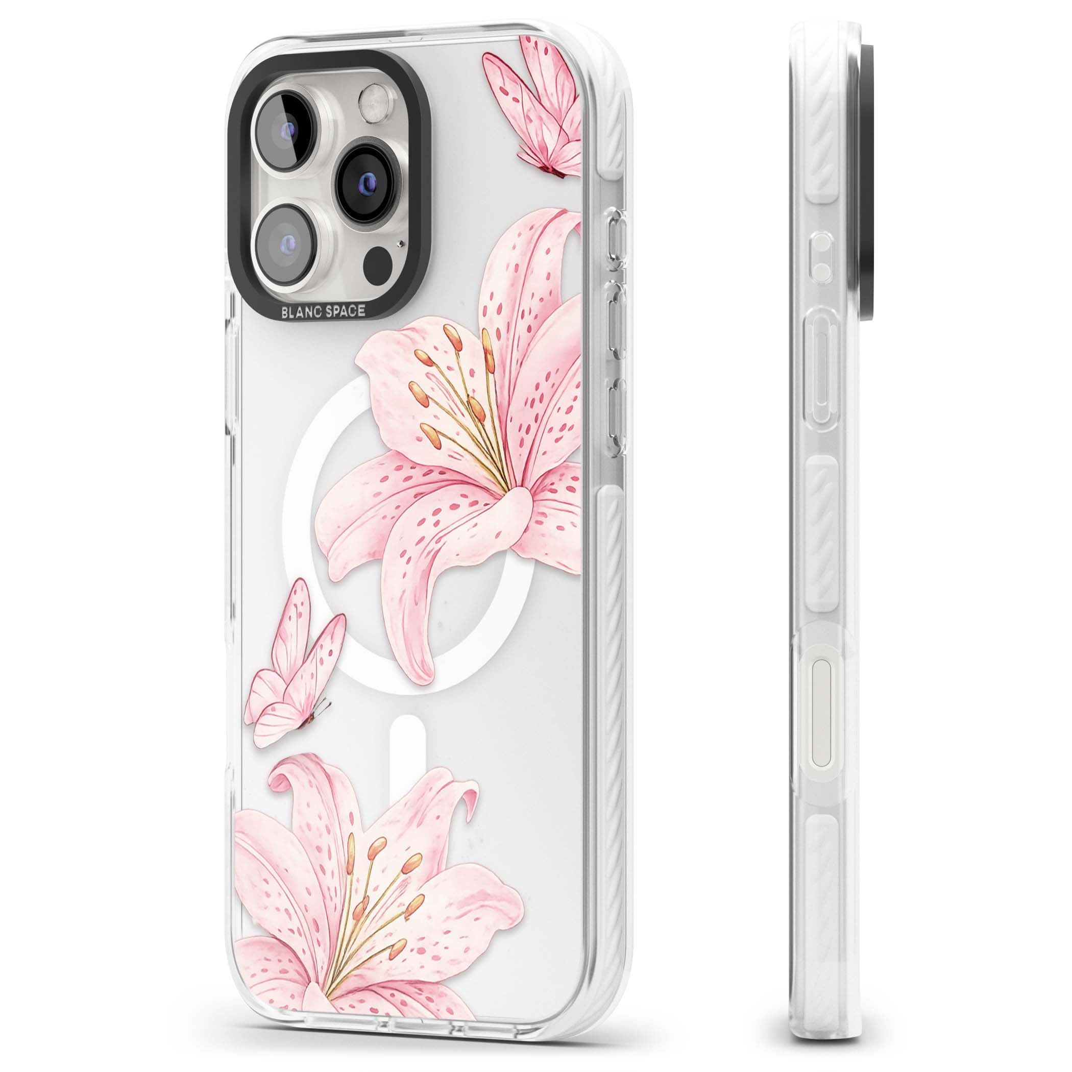 Lily Whisper floral iPhone case featuring pink watercolour lilies and delicate butterflies on a clear background | Impact Magsafe case for iPhone 16 Pro, iPhone 16 Pro Max