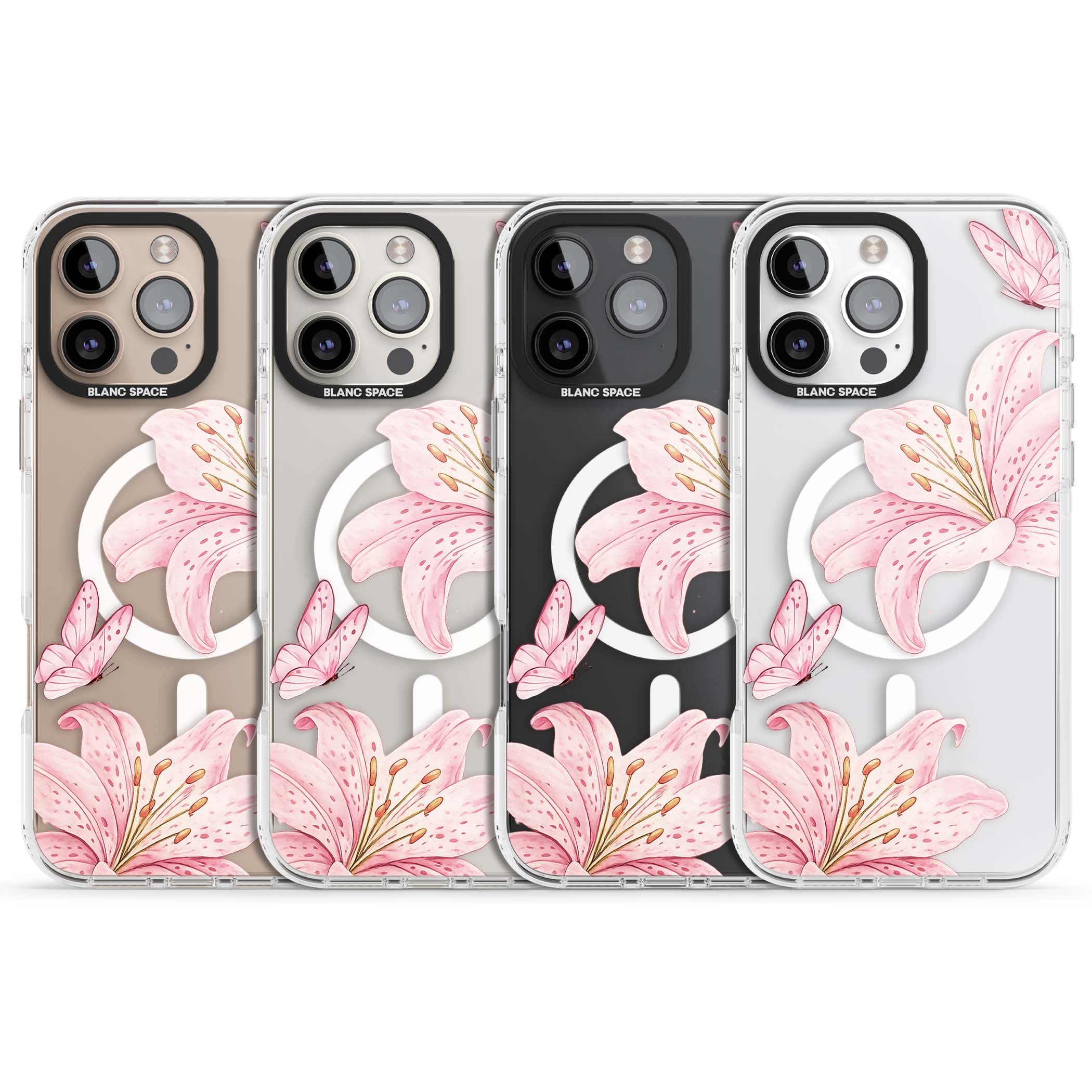Lily Whisper floral iPhone case featuring pink watercolour lilies and delicate butterflies on a clear background | Impact Magsafe case for iPhone 16 Pro, iPhone 16 Pro Max