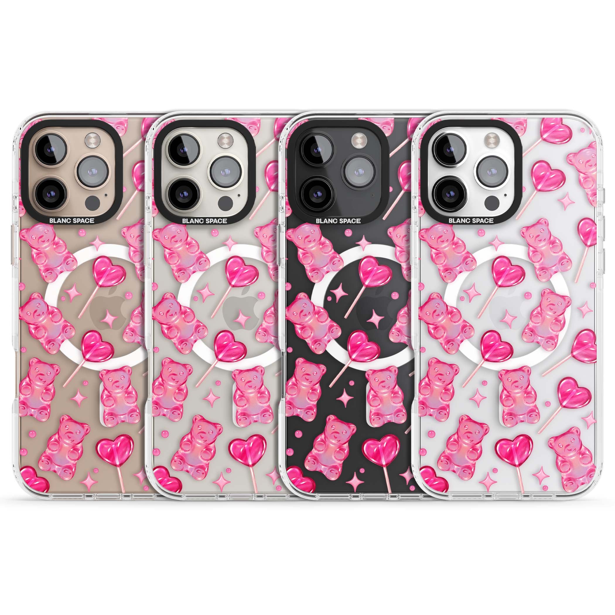 Pink Sugar pinkcore iPhone case featuring pink gummy bears, heart-shaped lollipops and sparkle stars | Impact Magsafe case for iPhone 16 Pro, iPhone 16 Pro Max