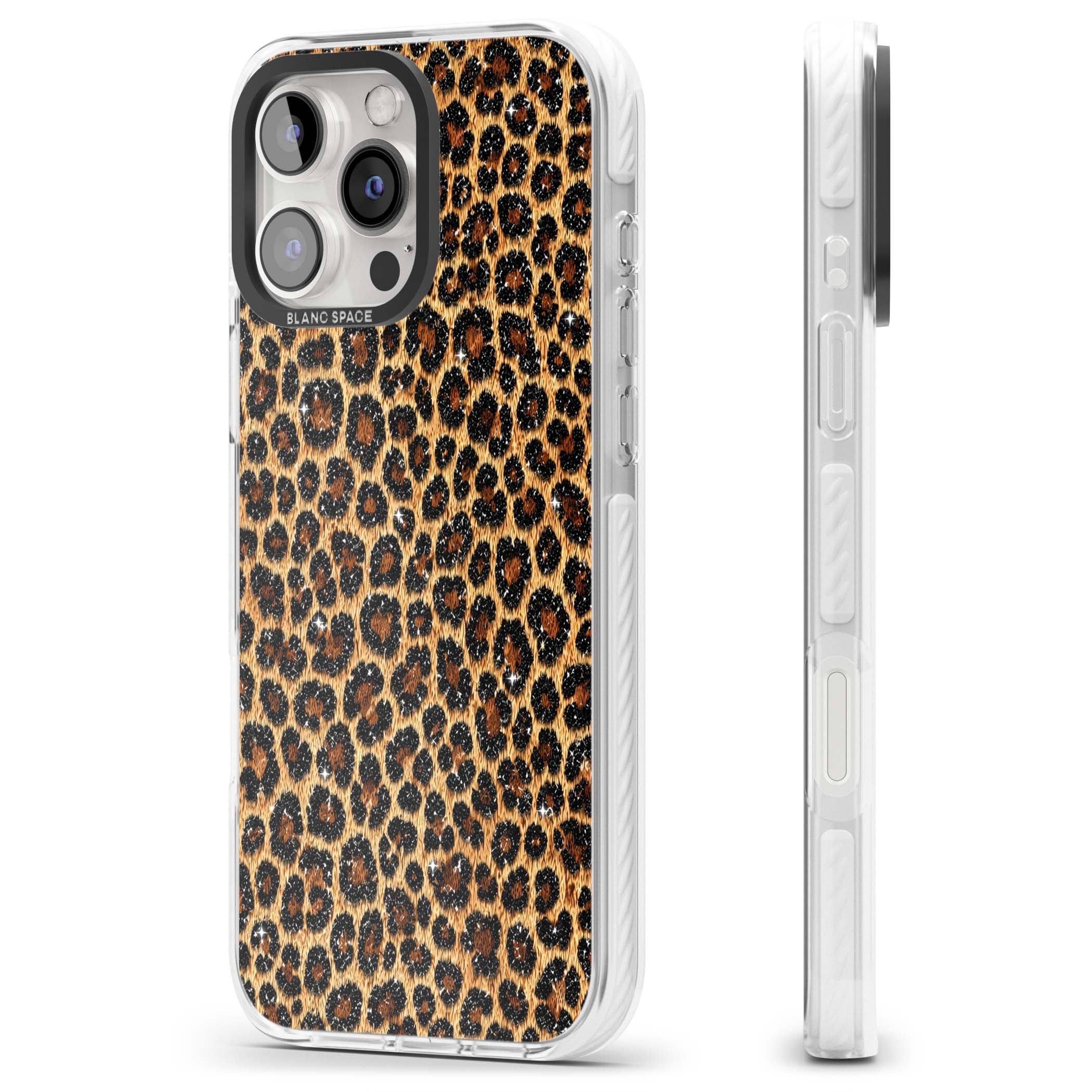 Diamond Leopard leopard print iPhone case featuring golden tan fur, black rosette spots and subtle glitter sparkle | Impact Magsafe case for iPhone 16 Pro, iPhone 16 Pro Max