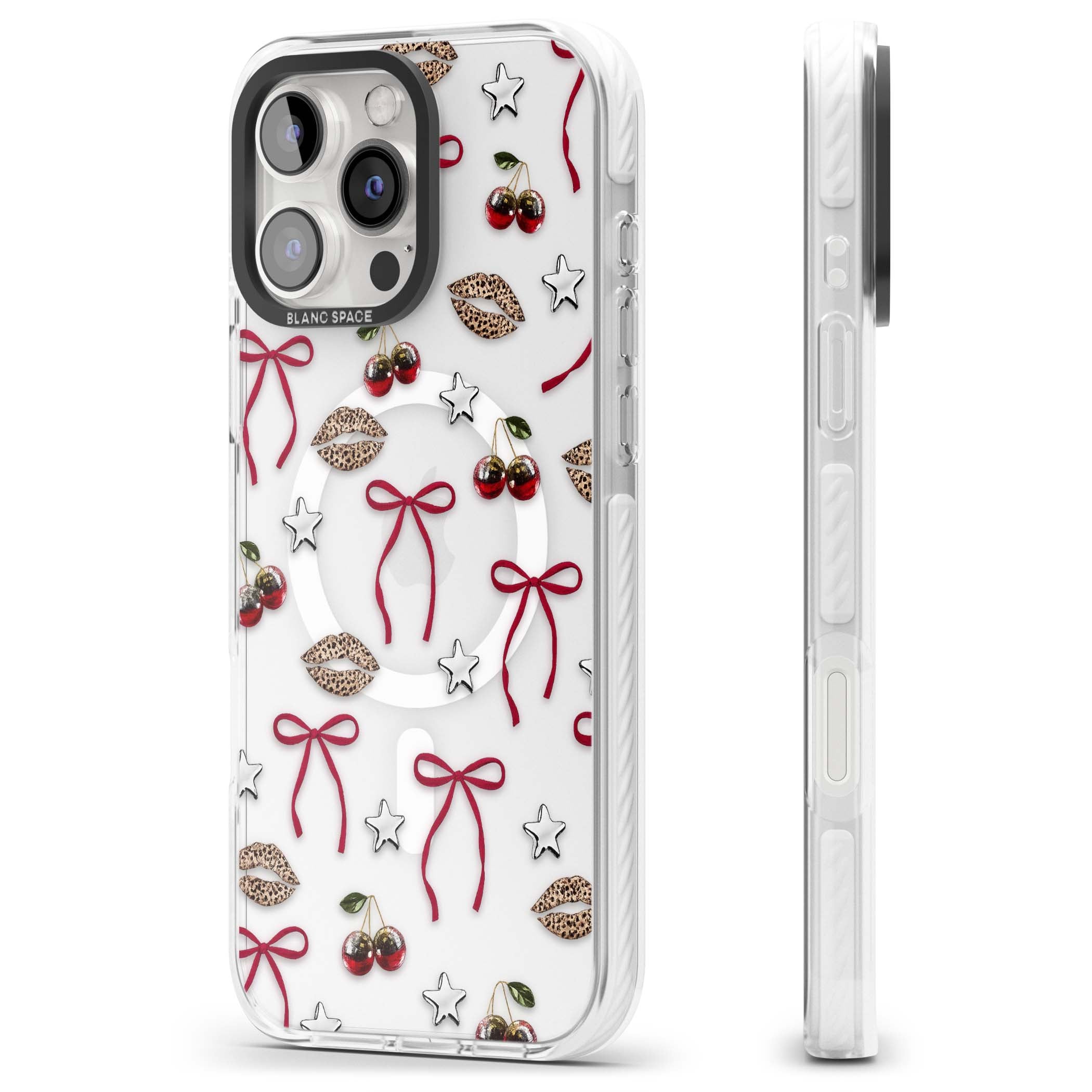 Starlet coquette iPhone case featuring red ribbon bows, disco cherries and leopard-print lips | Impact Magsafe case for iPhone 16 Pro, iPhone 16 Pro Max