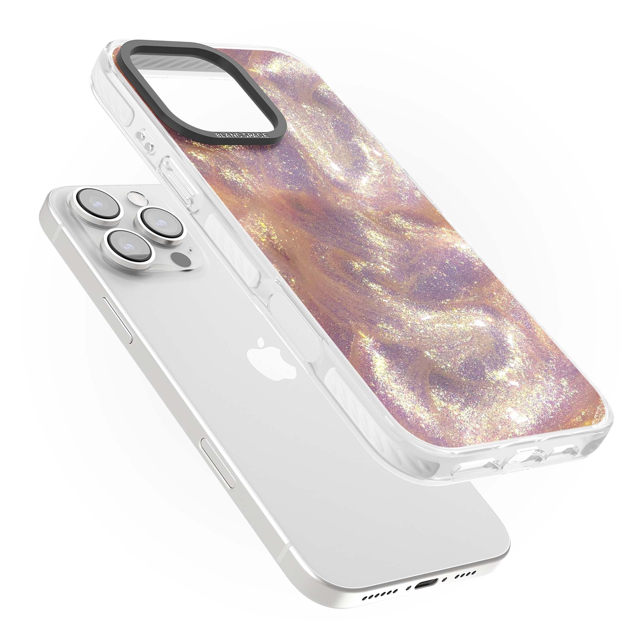 Shimmer marble iPhone case featuring rose gold glitter swirls, lilac shimmer and iridescent pearl finish | Impact Magsafe case for iPhone 16 Pro, iPhone 16 Pro Max