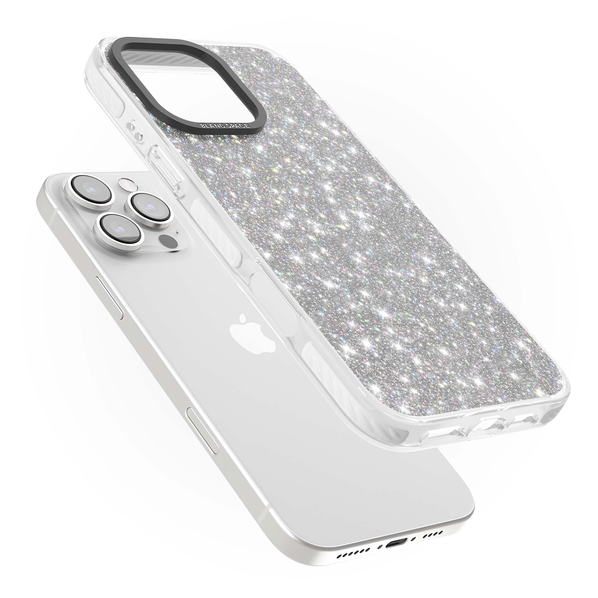 Diamond glam iPhone case featuring silver glitter sparkle and shimmering diamond dust effect | Impact Magsafe case for iPhone 16 Pro, iPhone 16 Pro Max