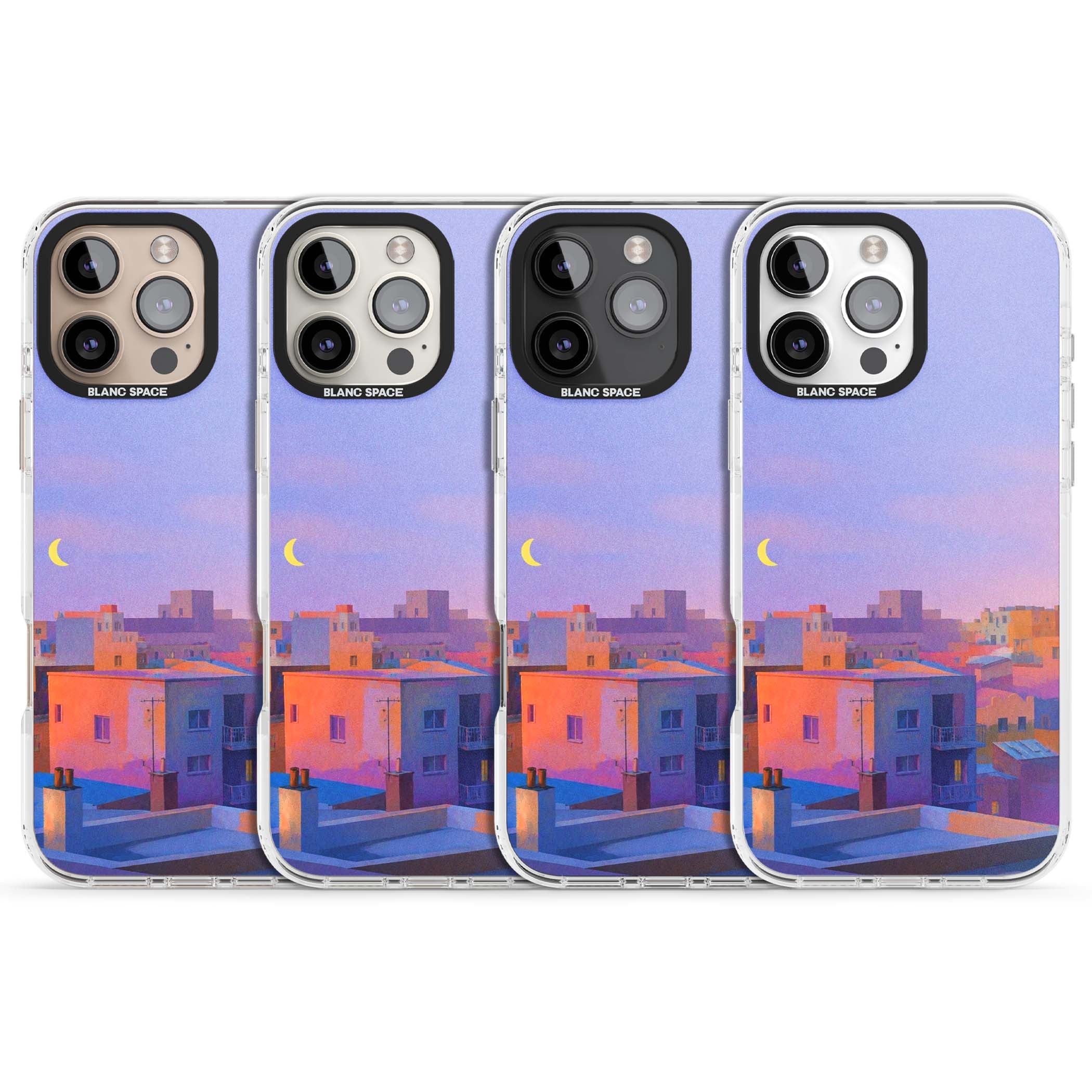 Twilight Rooftops vaporwave iPhone case featuring a pastel sunset cityscape, painted rooftops and a crescent moon. | Impact Magsafe case for iPhone 16 Pro, iPhone 16 Pro Max