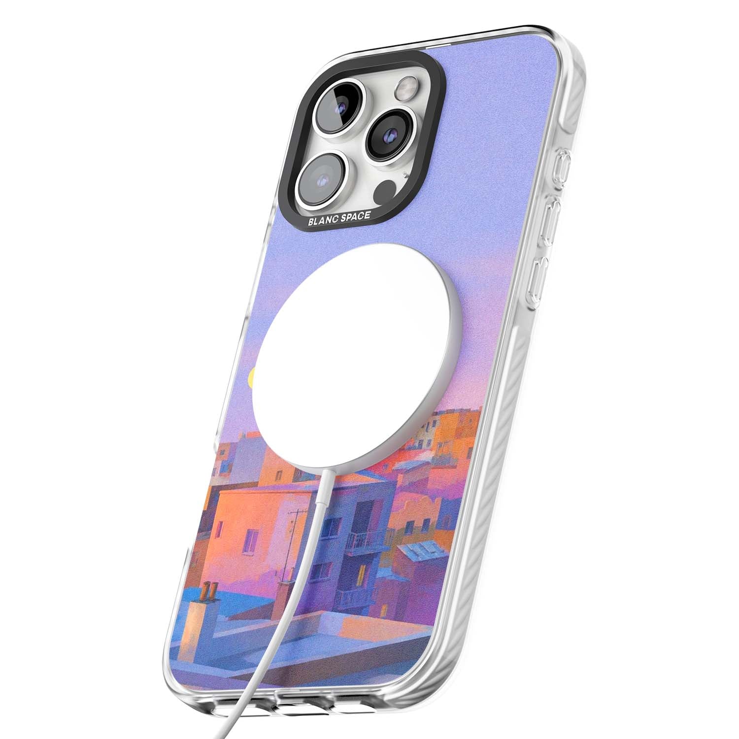 Twilight Rooftops vaporwave iPhone case featuring a pastel sunset cityscape, painted rooftops and a crescent moon. | Impact Magsafe case for iPhone 16 Pro, iPhone 16 Pro Max