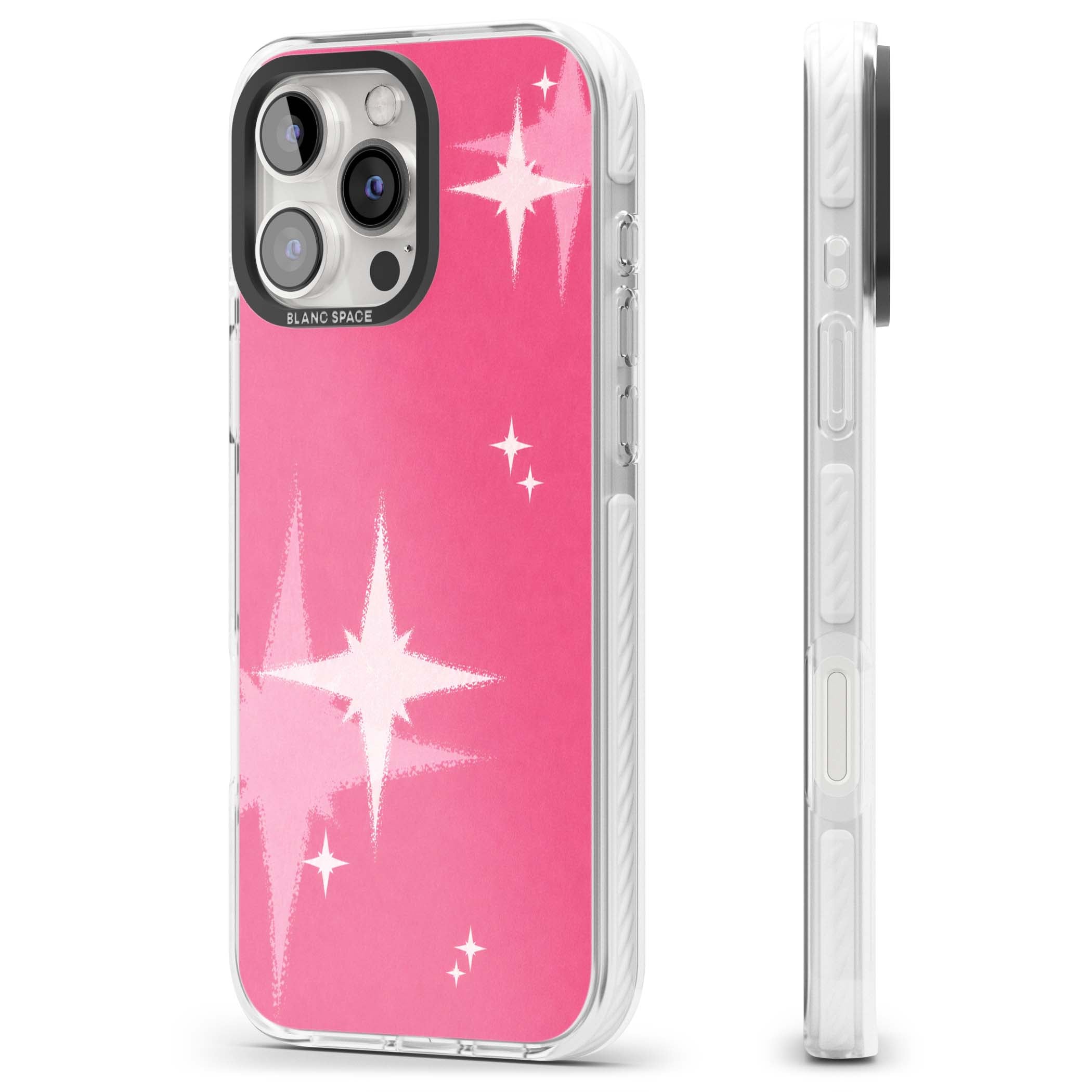 Pink Sparkle Y2K iPhone case featuring hot pink background with shimmering white starburst pattern | Impact Magsafe case for iPhone 16 Pro, iPhone 16 Pro Max