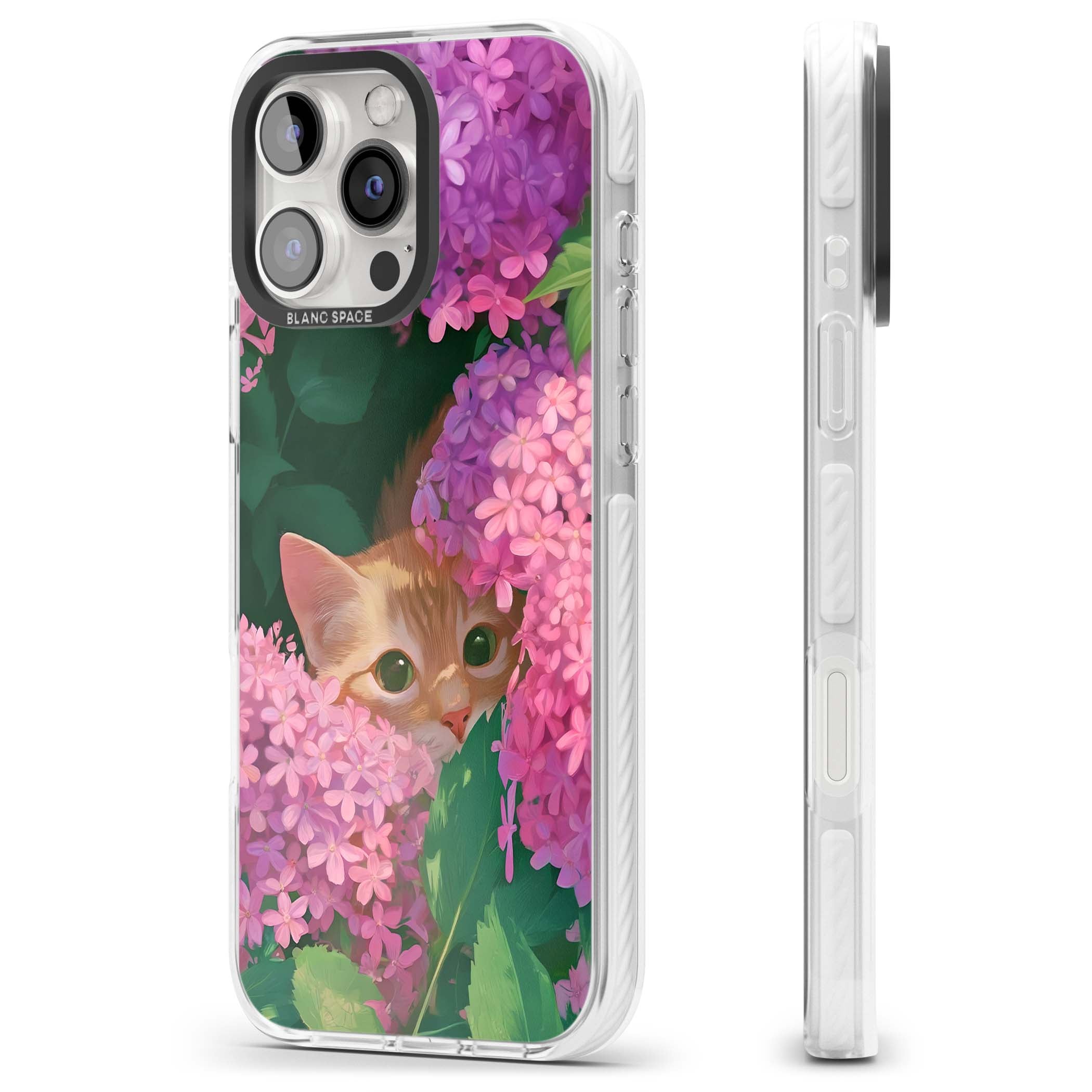 Cat In Pink Flowers cottagecore iPhone case featuring a ginger kitten peeking through lilac and pink hydrangea flo | Impact Magsafe case for iPhone 16 Pro, iPhone 16 Pro Max