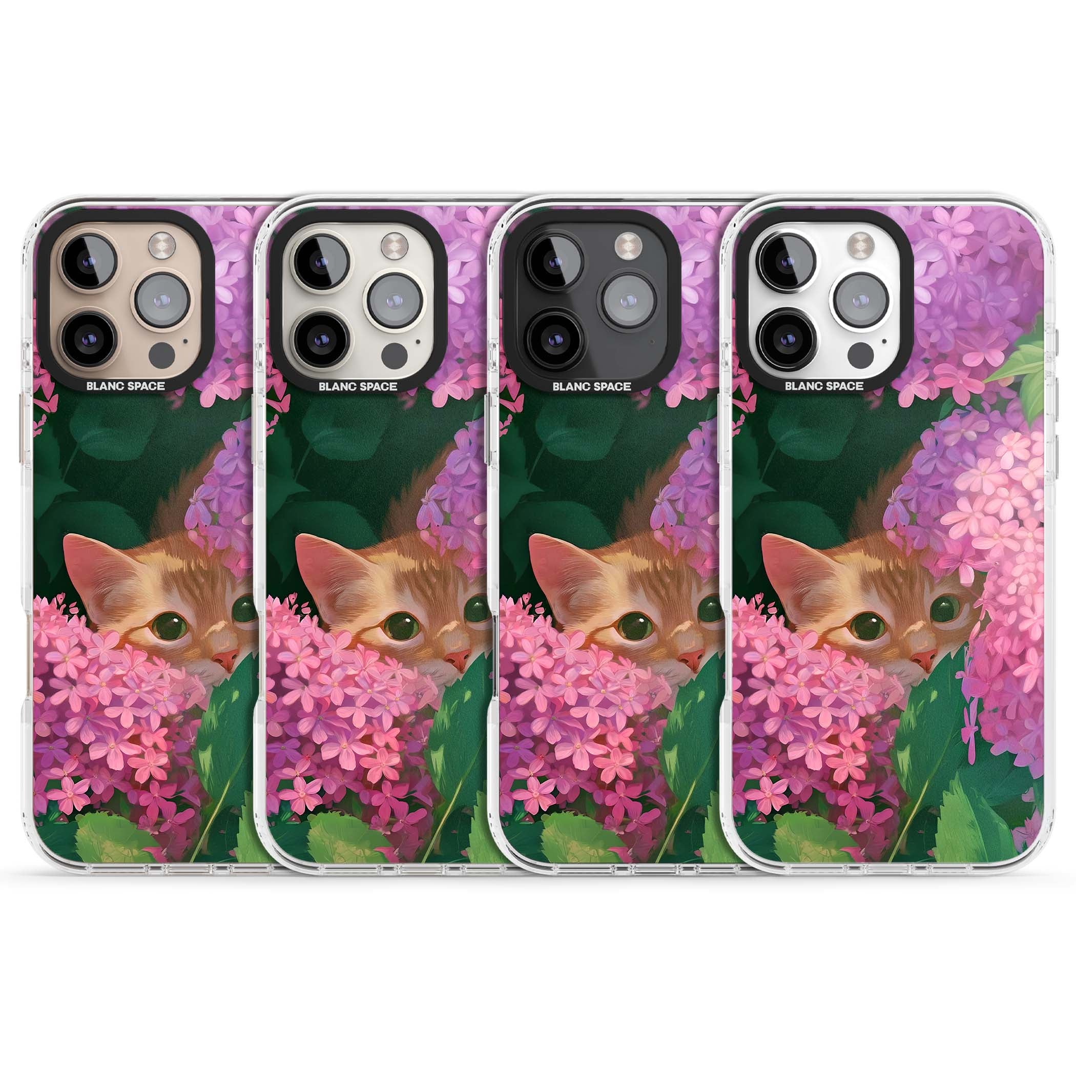 Cat In Pink Flowers cottagecore iPhone case featuring a ginger kitten peeking through lilac and pink hydrangea flo | Impact Magsafe case for iPhone 16 Pro, iPhone 16 Pro Max