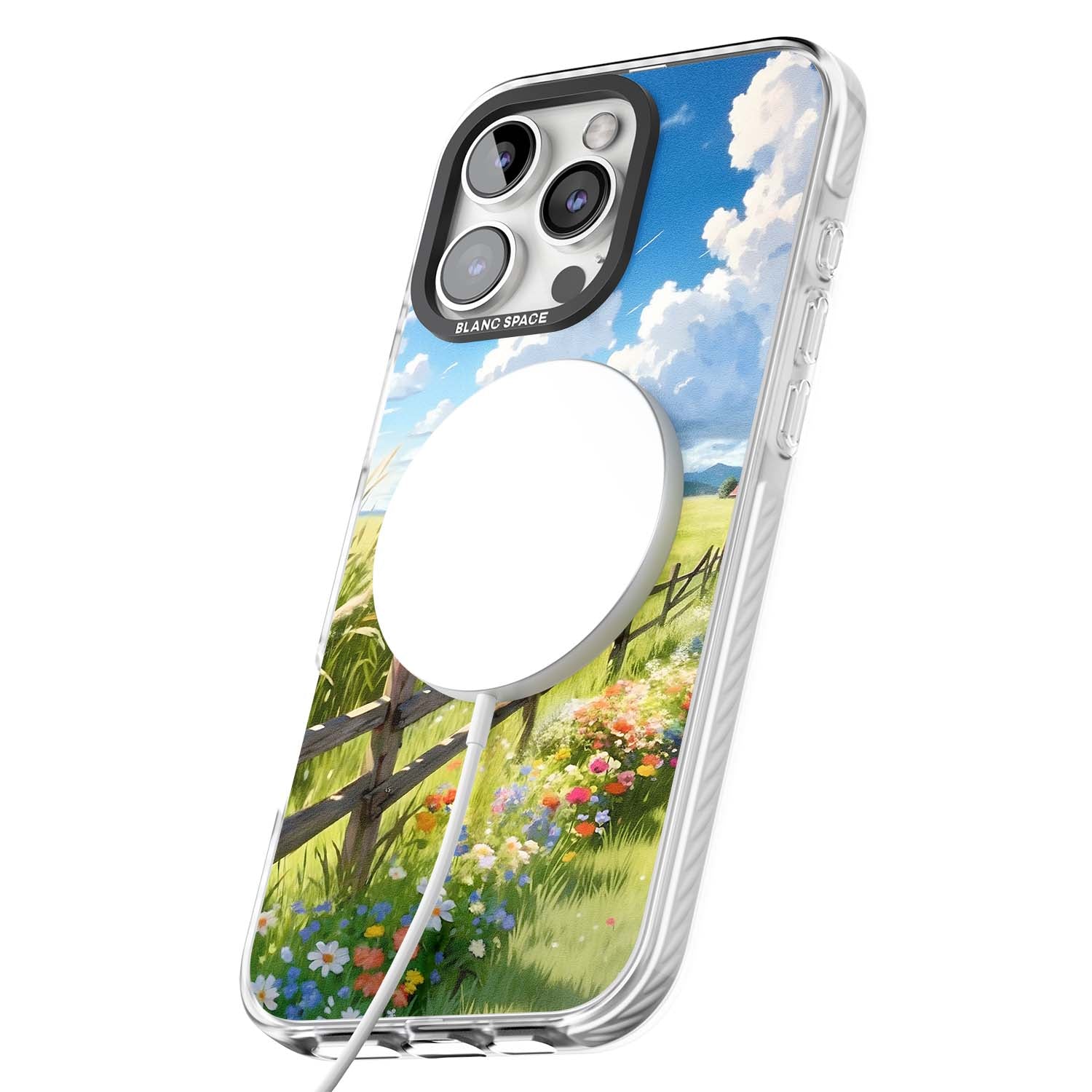 A Countryside Afternoon cottagecore iPhone case featuring a painted countryside meadow, wooden fence, and wildflowers beneath | Impact Magsafe case for iPhone 16 Pro, iPhone 16 Pro Max