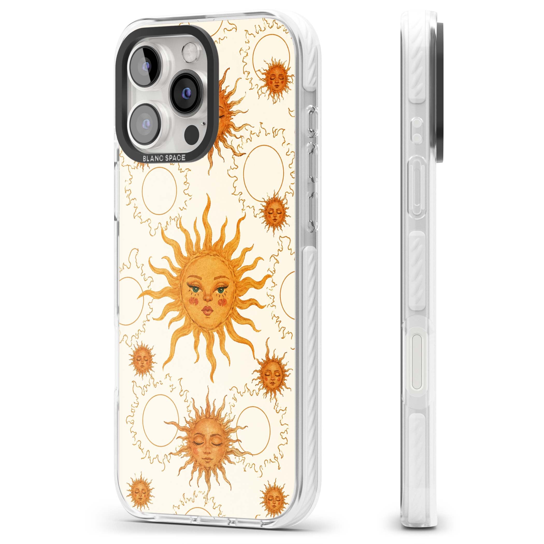 Solstice Muse celestial iPhone case featuring hand-painted golden sun faces, closed-eye sun goddesses and outlined moons... | Impact Magsafe case for iPhone 16 Pro, iPhone 16 Pro Max
