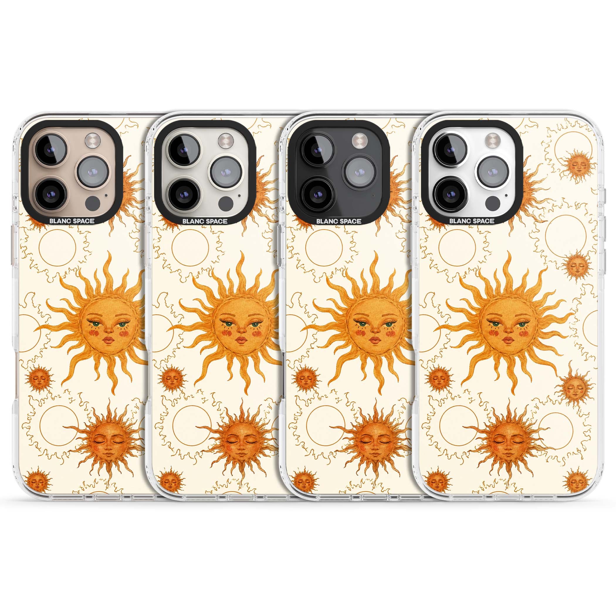 Solstice Muse celestial iPhone case featuring hand-painted golden sun faces, closed-eye sun goddesses and outlined moons... | Impact Magsafe case for iPhone 16 Pro, iPhone 16 Pro Max