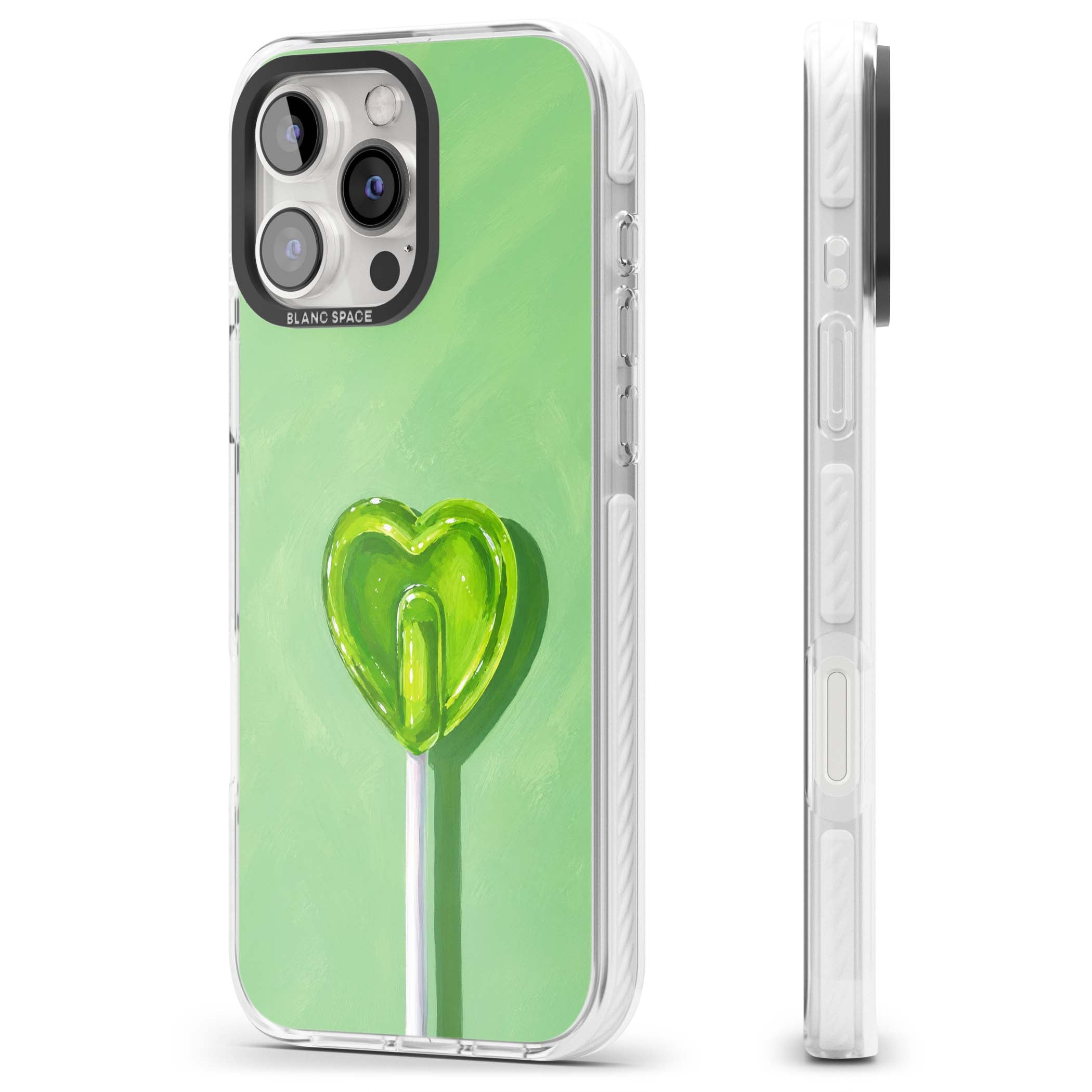 Green Lollipop candy art iPhone case featuring a glossy green heart-shaped lollipop on a painted pastel green background | Impact Magsafe case for iPhone 16 Pro, iPhone 16 Pro Max