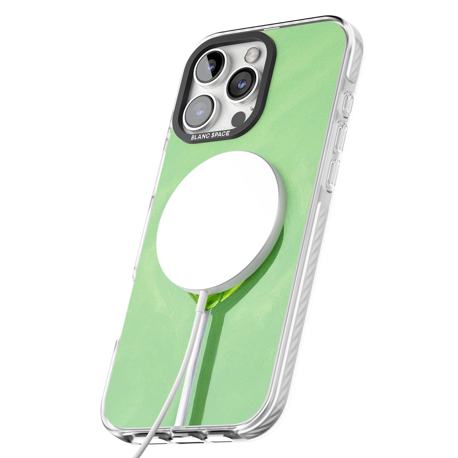 Green Lollipop candy art iPhone case featuring a glossy green heart-shaped lollipop on a painted pastel green background | Impact Magsafe case for iPhone 16 Pro, iPhone 16 Pro Max