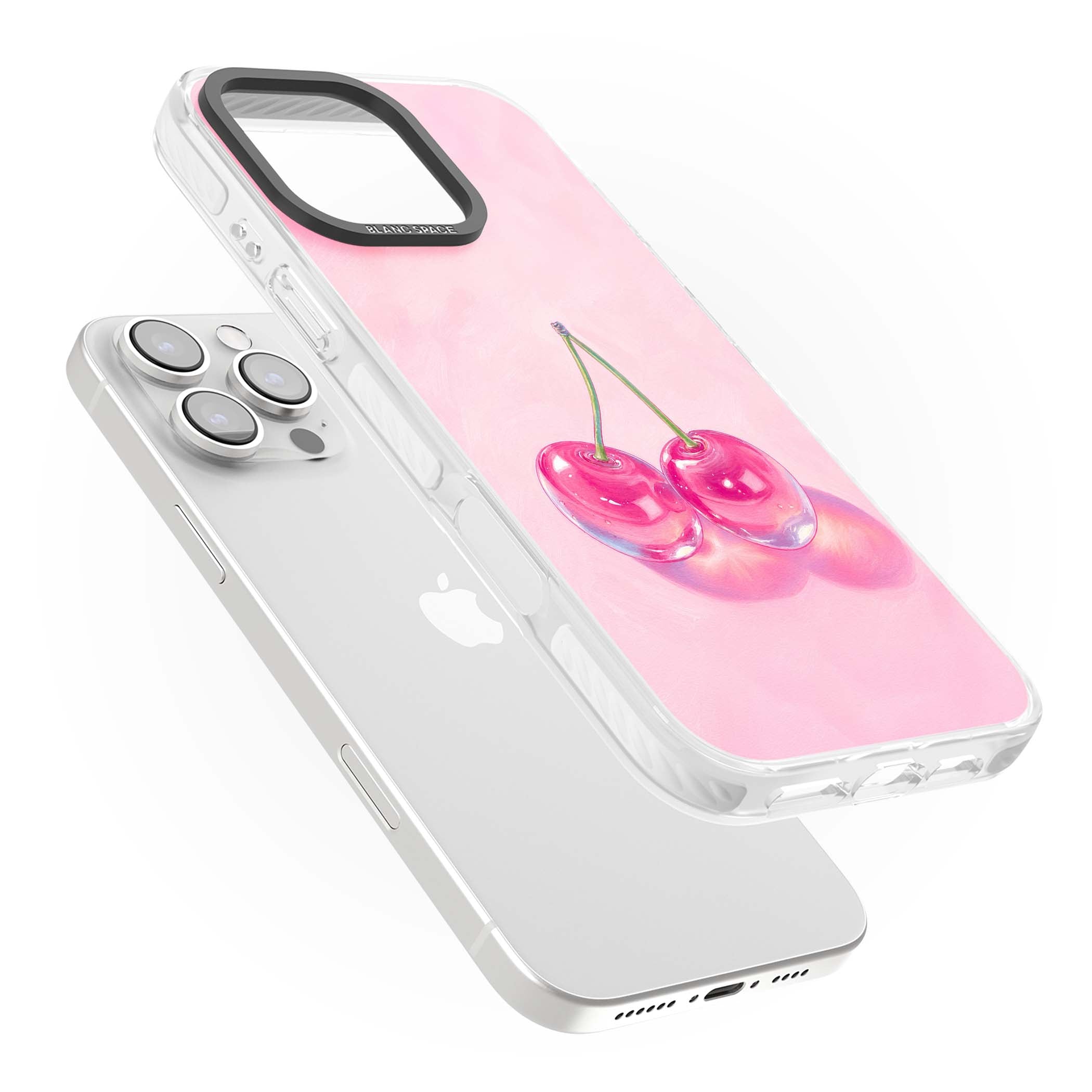Pink Glass Cherry coquette iPhone case featuring two glossy painted cherries on a soft pink background | Impact Magsafe case for iPhone 16 Pro, iPhone 16 Pro Max