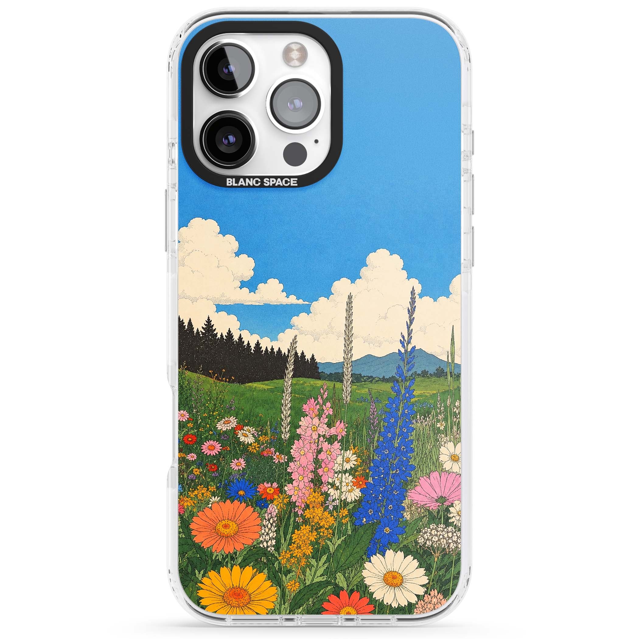 Wildbloom wildflower iPhone case featuring a vintage Japanese-style meadow landscape with daisies, delphiniums and moun | Impact Magsafe case for iPhone 16 Pro, iPhone 16 Pro Max