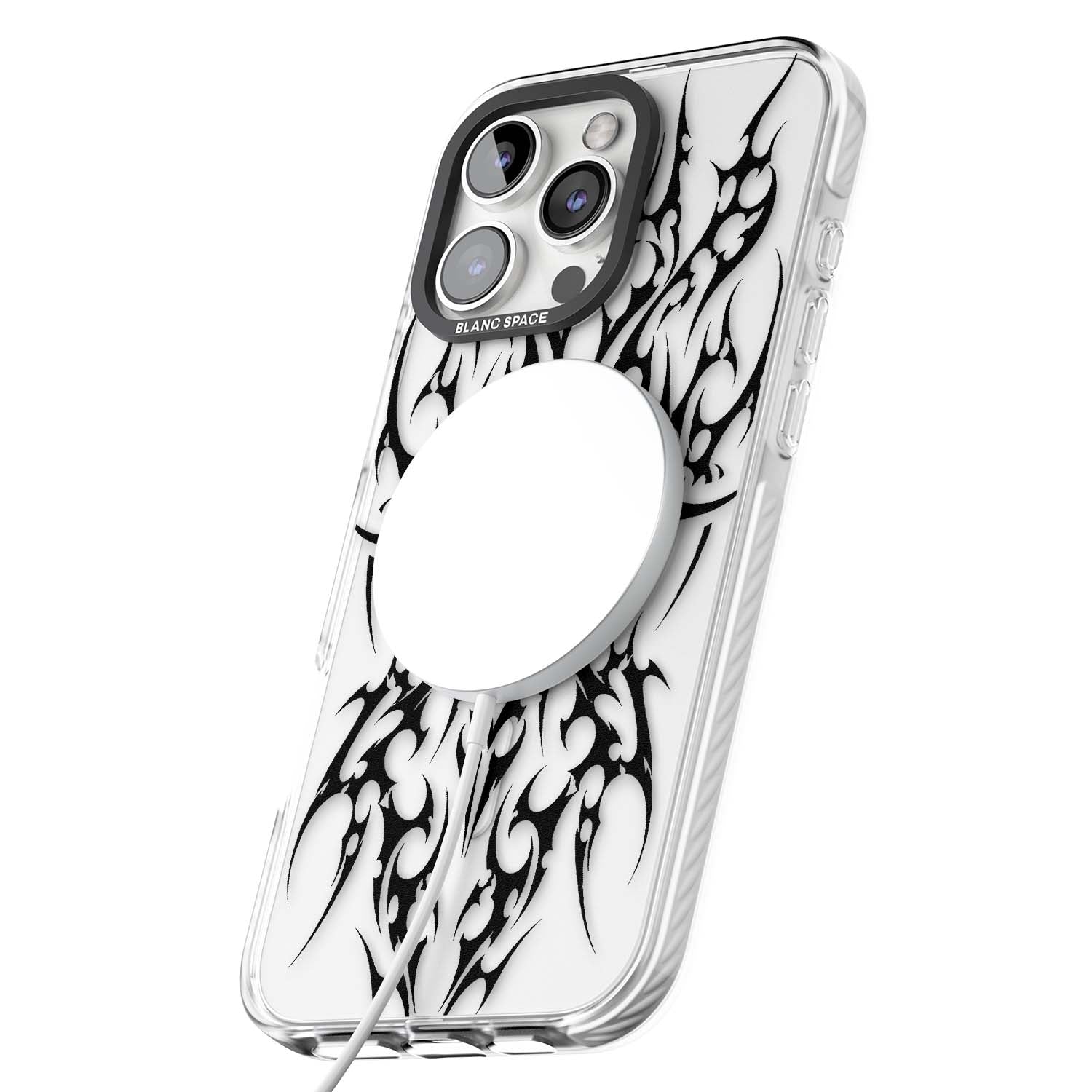 Neo Tribal Heart gothic iPhone case featuring symmetrical black tribal tattoo art with sharp thorn-like linework | Impact Magsafe case for iPhone 16 Pro, iPhone 16 Pro Max