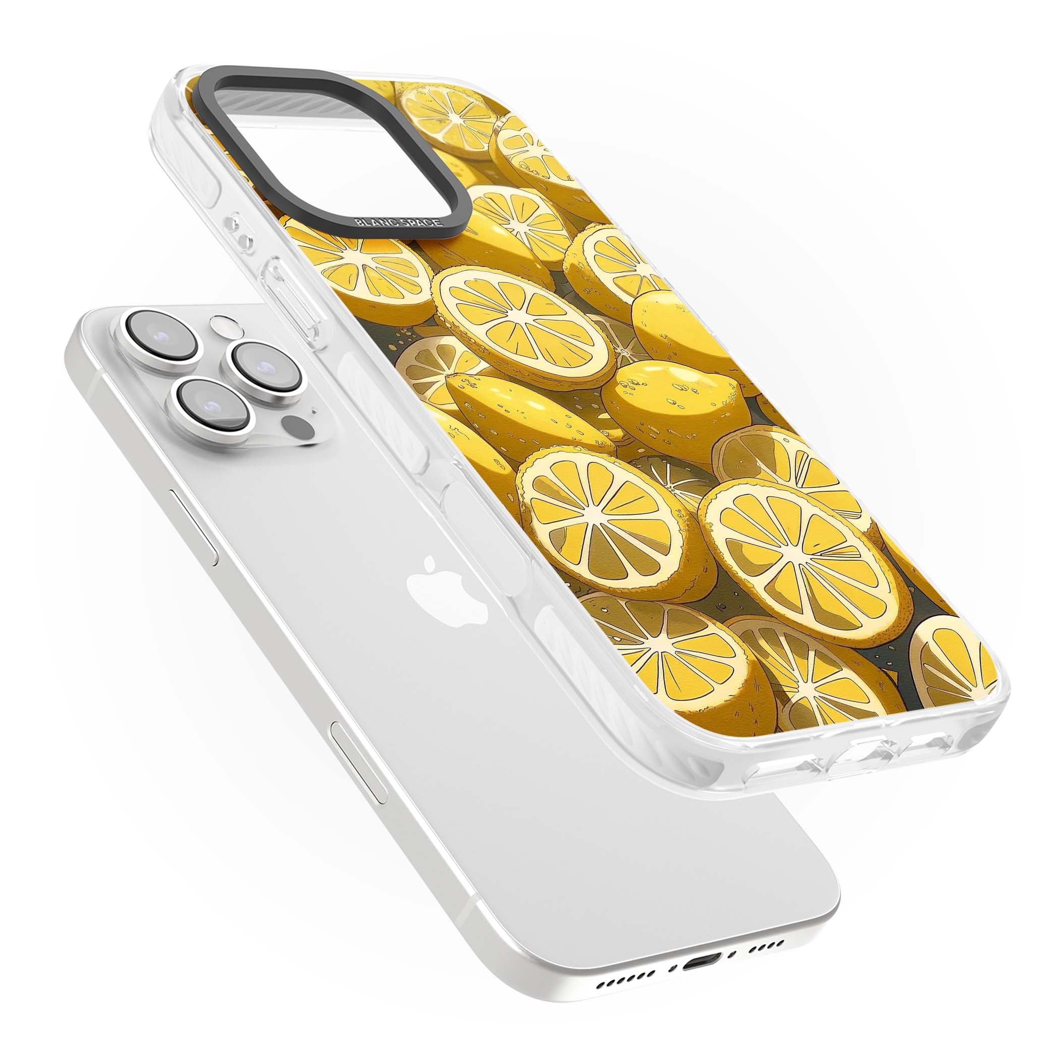 Zesty coastal iPhone case featuring illustrated Mediterranean lemons and citrus slices in golden yellow | Impact Magsafe case for iPhone 16 Pro, iPhone 16 Pro Max