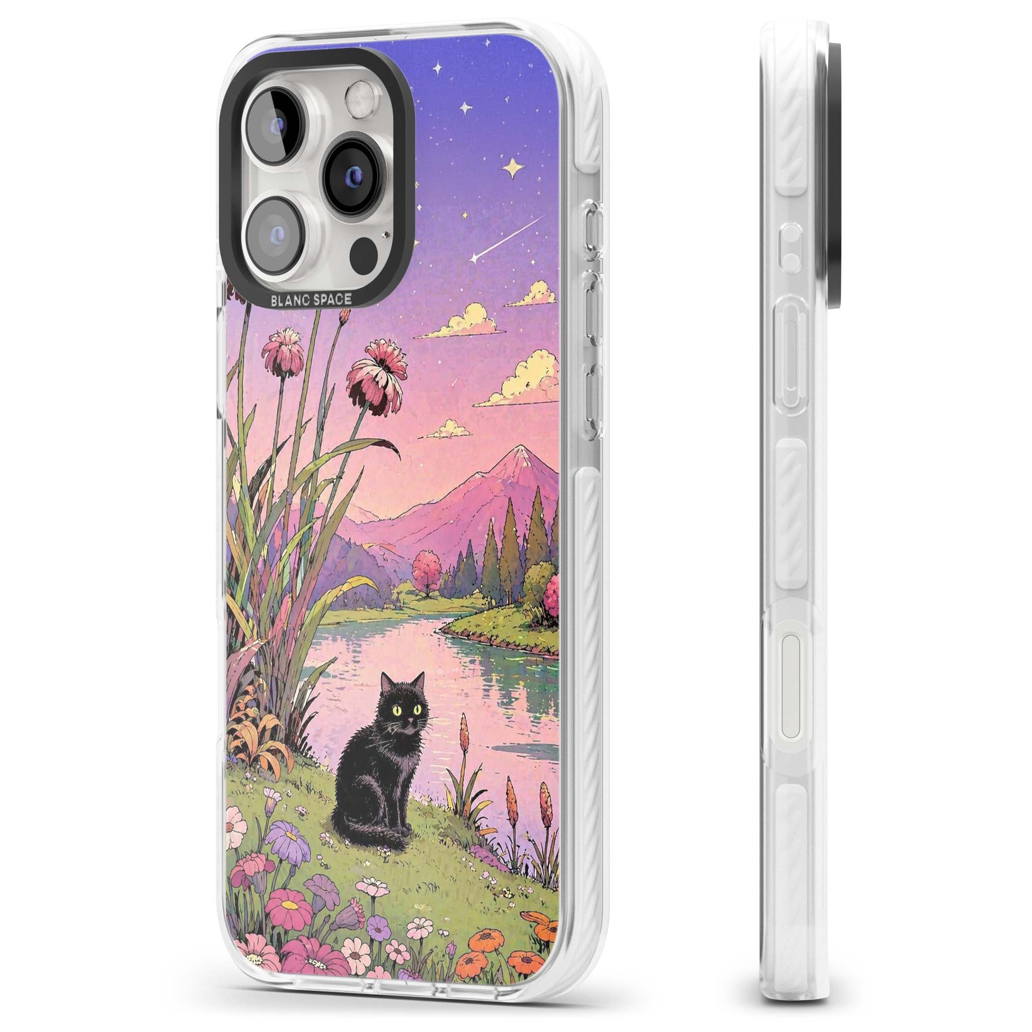 Mystic Whiskers ghibli iPhone case featuring a black cat by a pastel lake, wildflowers and a starry sunset sky | Clear Impact case for iPhone 16 Pro, iPhone 16 Pro Max