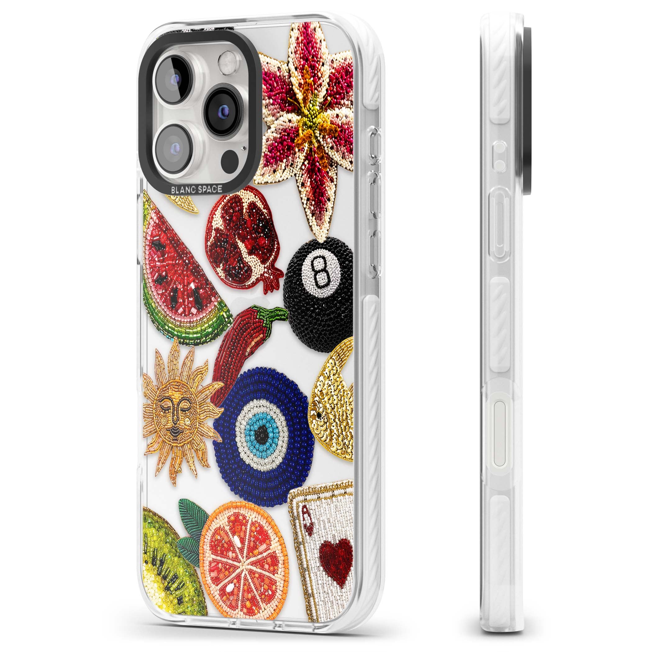Beaded Charms embroidery iPhone case featuring beaded evil eye, fruit patches and a golden sun motif | Clear Impact case for iPhone 16 Pro, iPhone 16 Pro Max