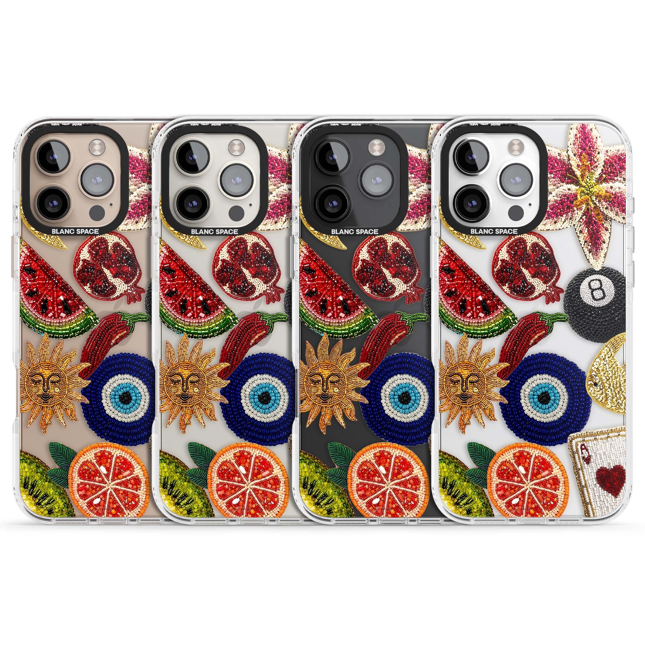 Beaded Charms embroidery iPhone case featuring beaded evil eye, fruit patches and a golden sun motif | Clear Impact case for iPhone 16 Pro, iPhone 16 Pro Max