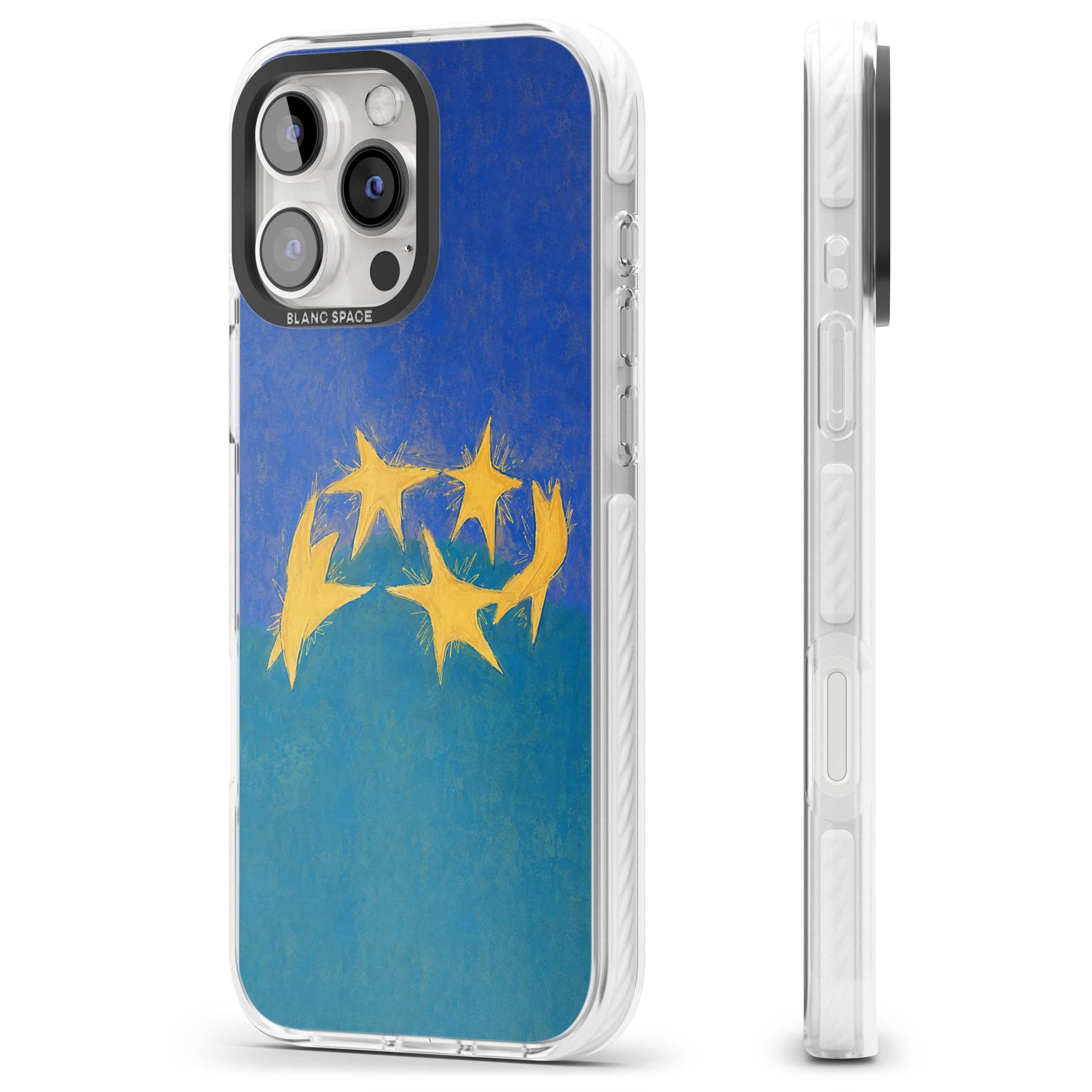 Star Boogie stars aesthetic iPhone case featuring five yellow hand-painted stars on cobalt blue and teal | Clear Impact case for iPhone 16 Pro, iPhone 16 Pro Max