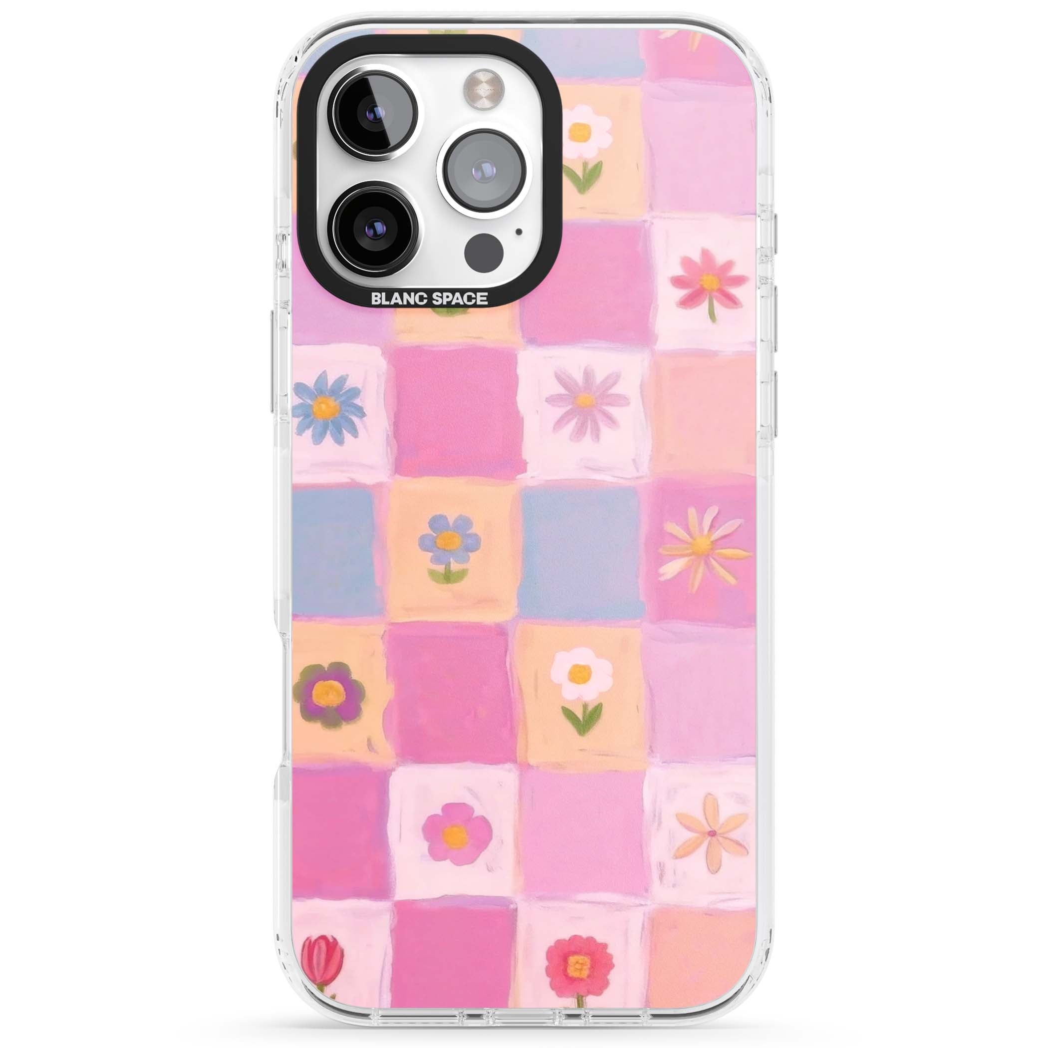 Pastel Flower Patchwork cottagecore iPhone case featuring painted pink and lilac squares with daisies and wildflowers | Clear Impact case for iPhone 16 Pro, iPhone 16 Pro Max