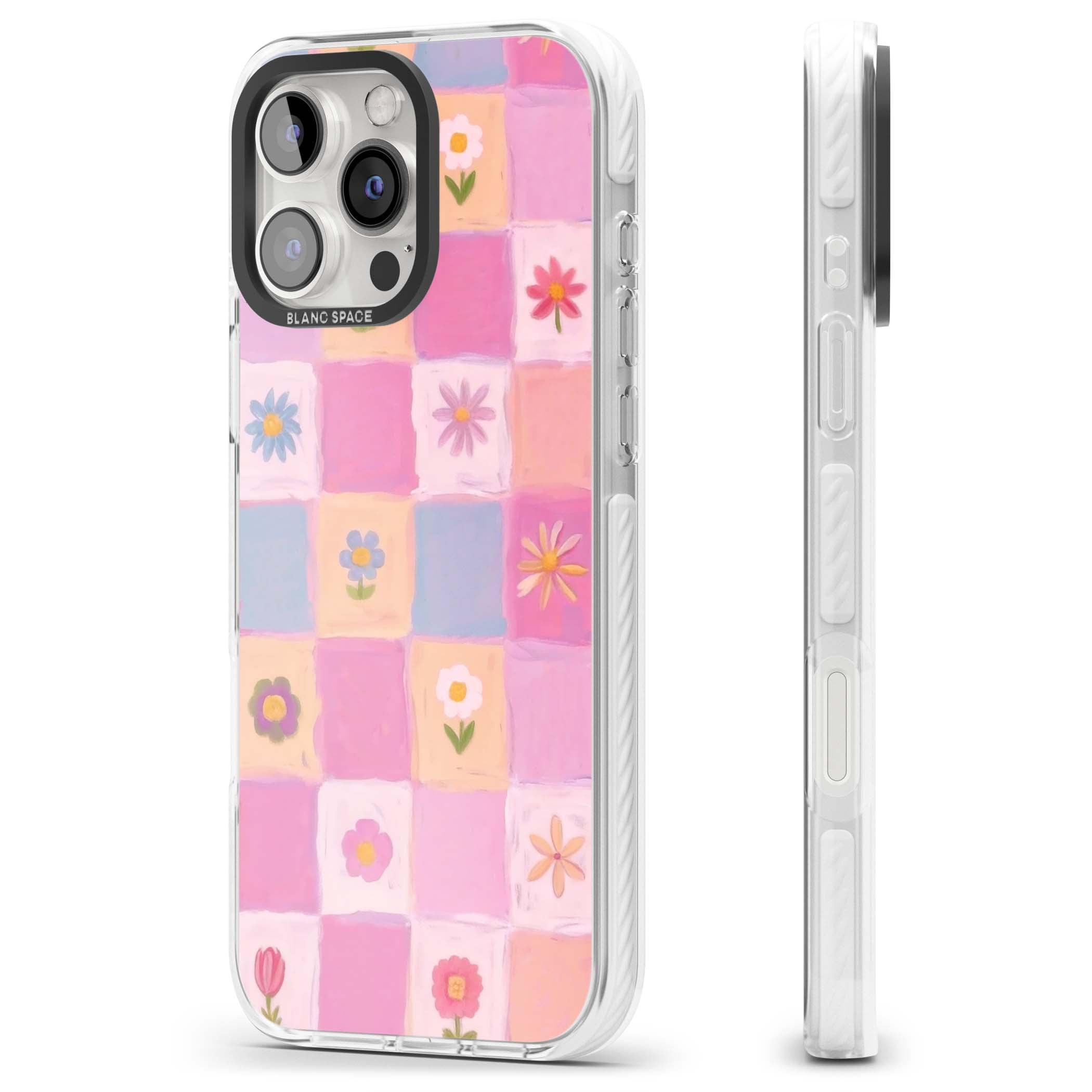 Pastel Flower Patchwork cottagecore iPhone case featuring painted pink and lilac squares with daisies and wildflowers | Clear Impact case for iPhone 16 Pro, iPhone 16 Pro Max