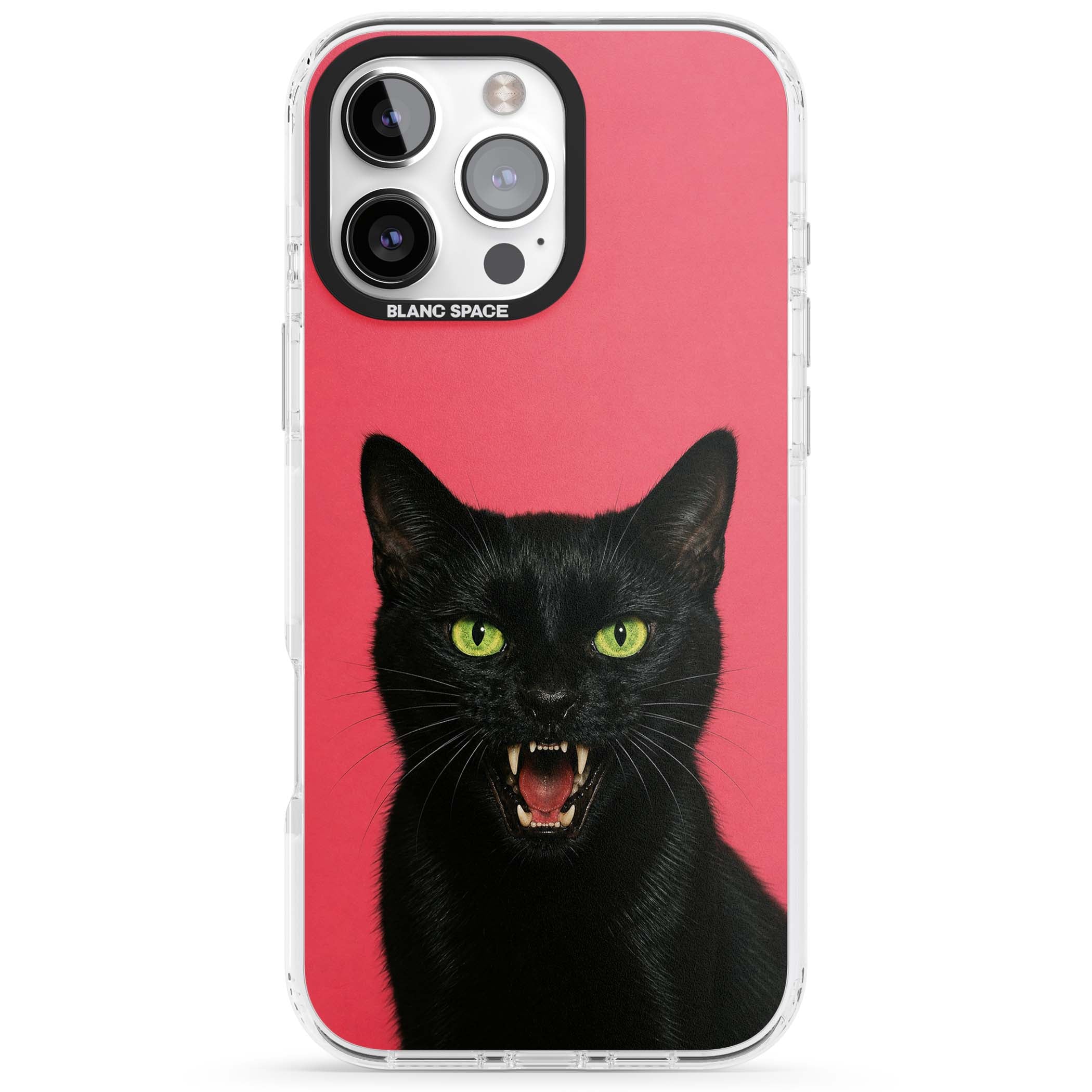 Hissin' Baddie black cat iPhone case featuring a hissing feline with green eyes on a hot pink background | Clear Impact case for iPhone 16 Pro, iPhone 16 Pro Max