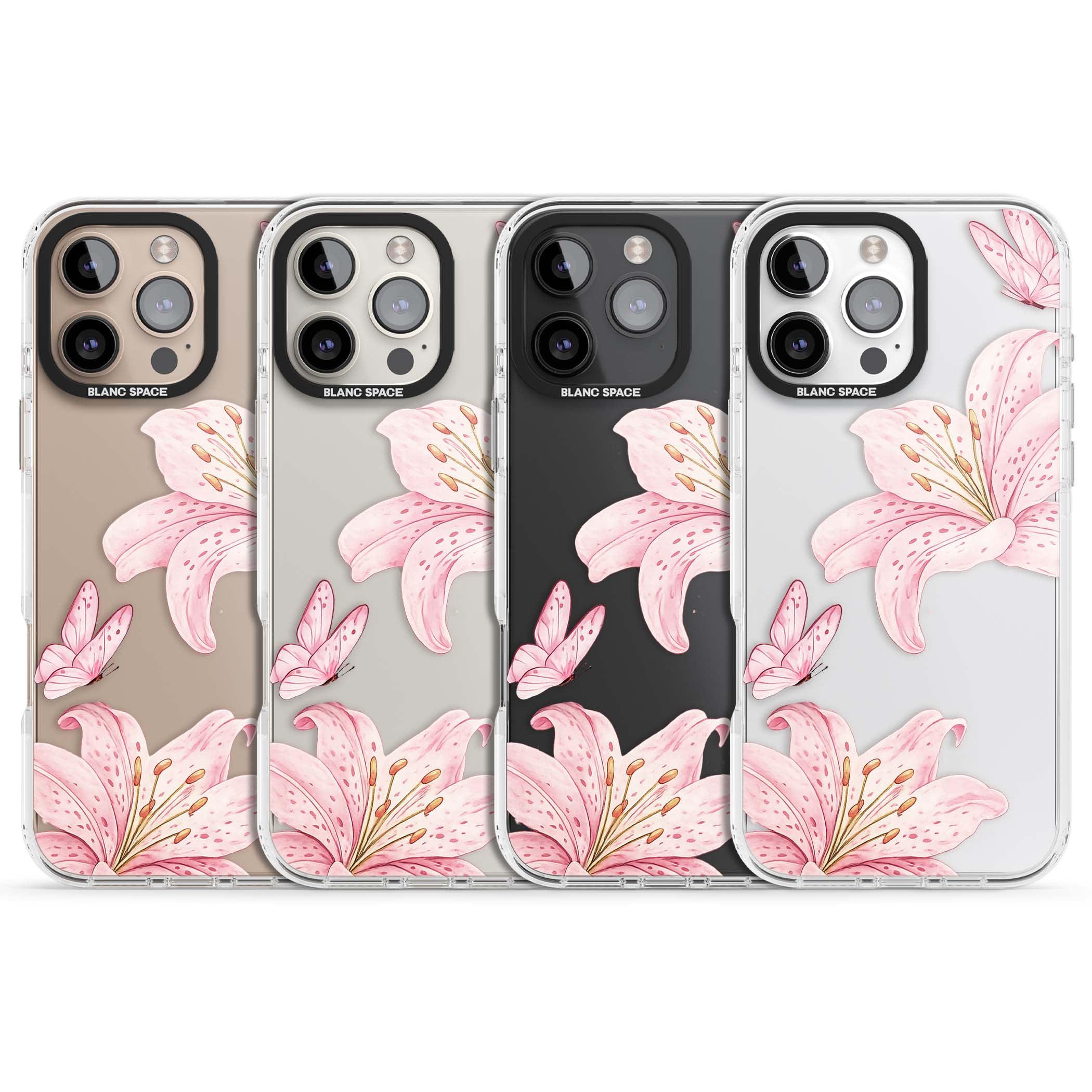 Lily Whisper floral iPhone case featuring pink watercolour lilies and delicate butterflies on a clear background | Clear Impact case for iPhone 16 Pro, iPhone 16 Pro Max