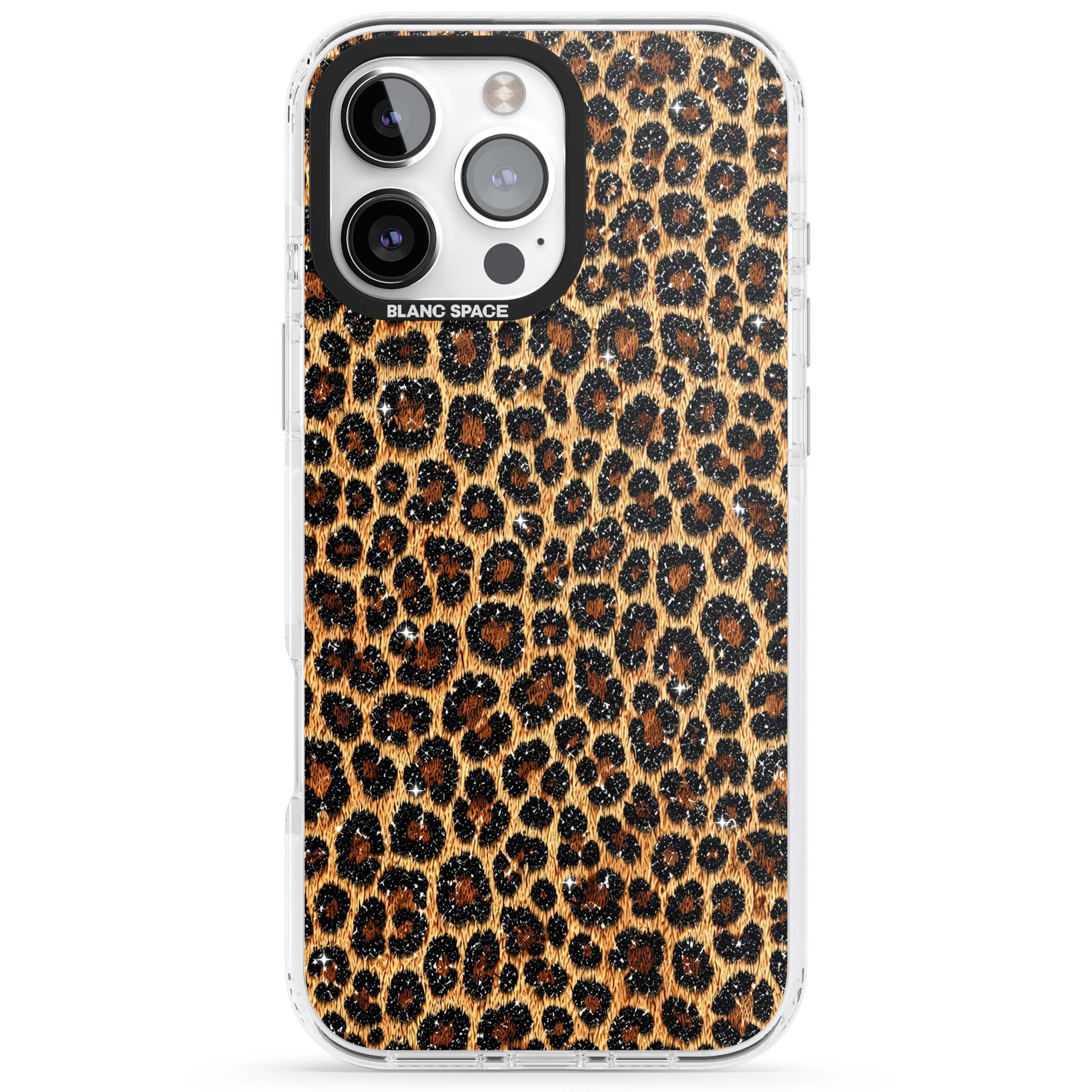 Diamond Leopard leopard print iPhone case featuring golden tan fur, black rosette spots and subtle glitter sparkle | Clear Impact case for iPhone 16 Pro, iPhone 16 Pro Max