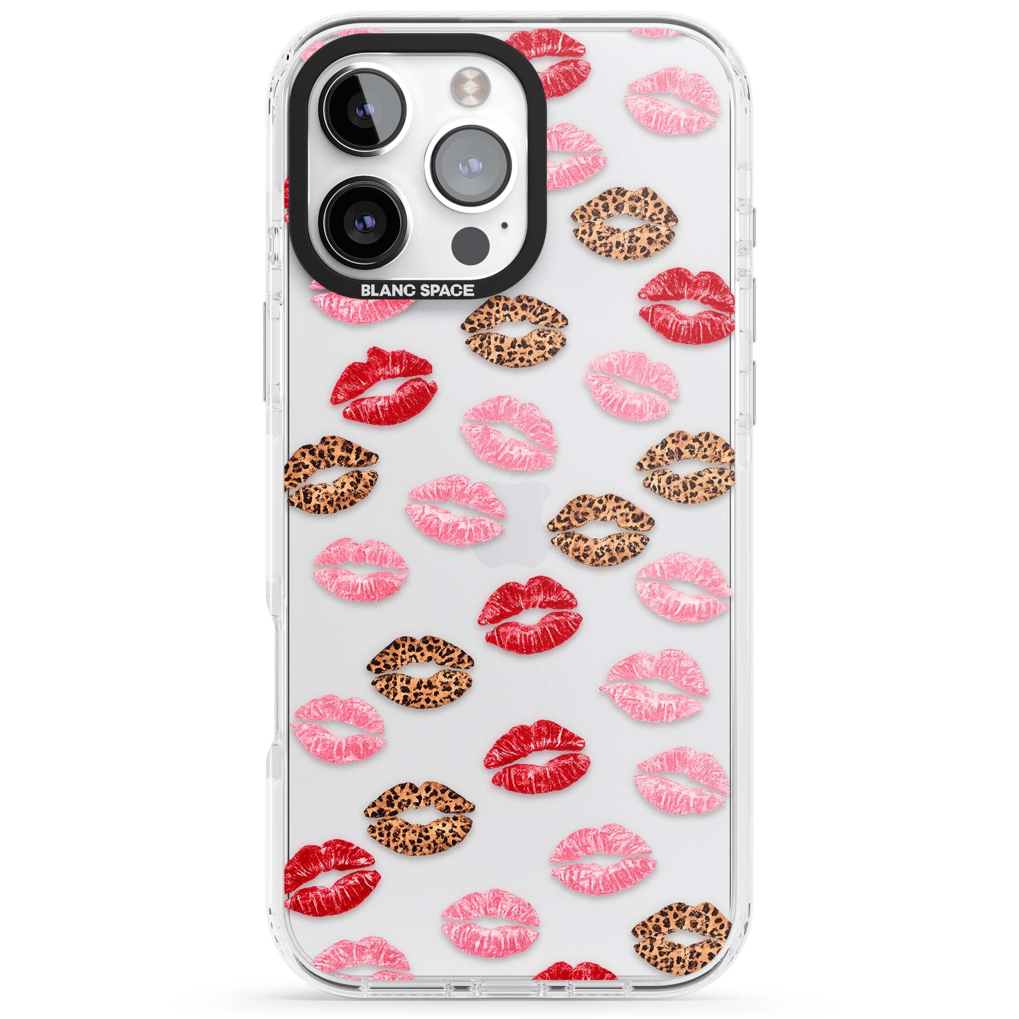 Wild Kisses coquette iPhone case featuring red, pink and leopard print lipstick kiss marks on a clear background | Clear Impact case for iPhone 16 Pro, iPhone 16 Pro Max