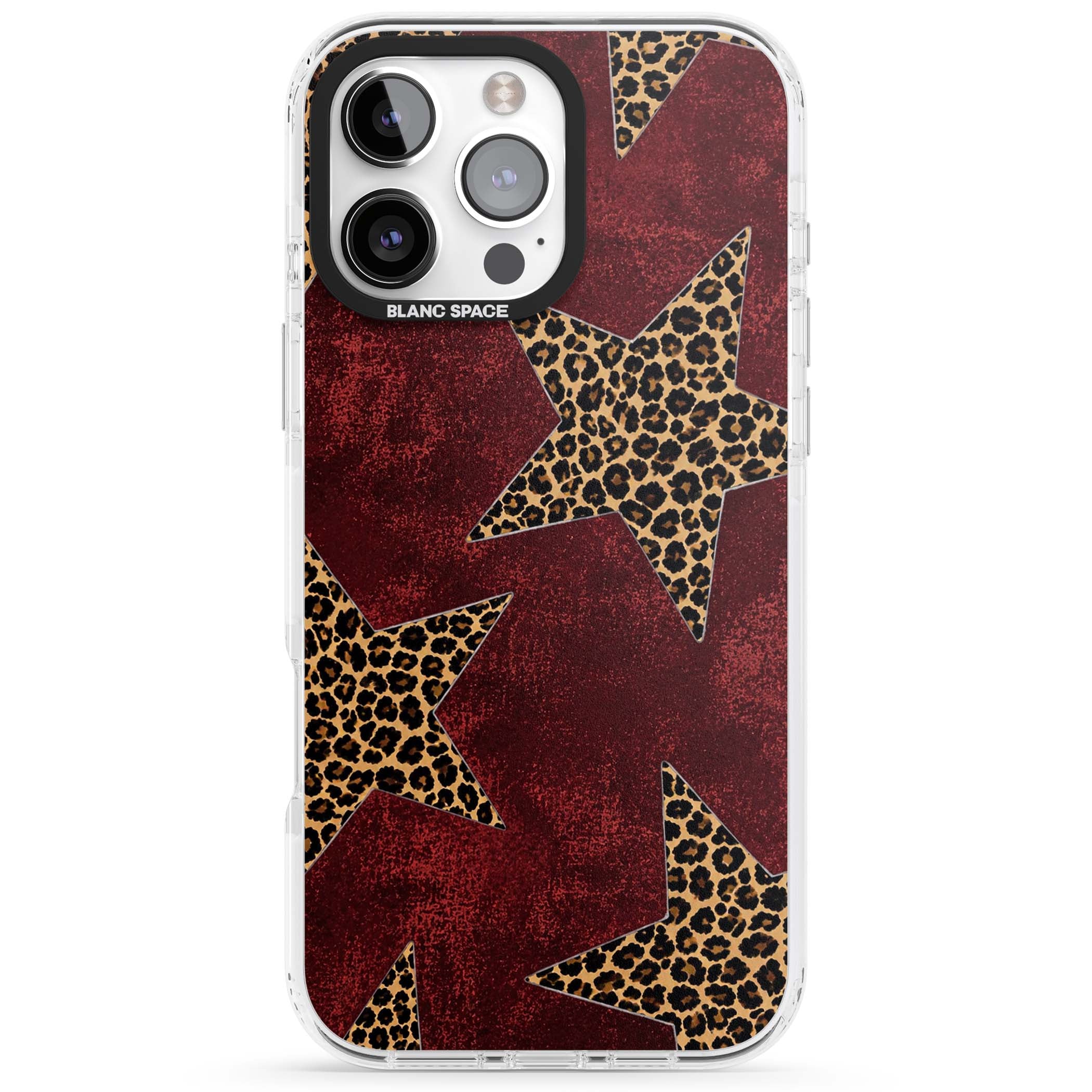 Showgirl leopard print iPhone case featuring cheetah print stars on distressed red grunge background | Clear Impact case for iPhone 16 Pro, iPhone 16 Pro Max