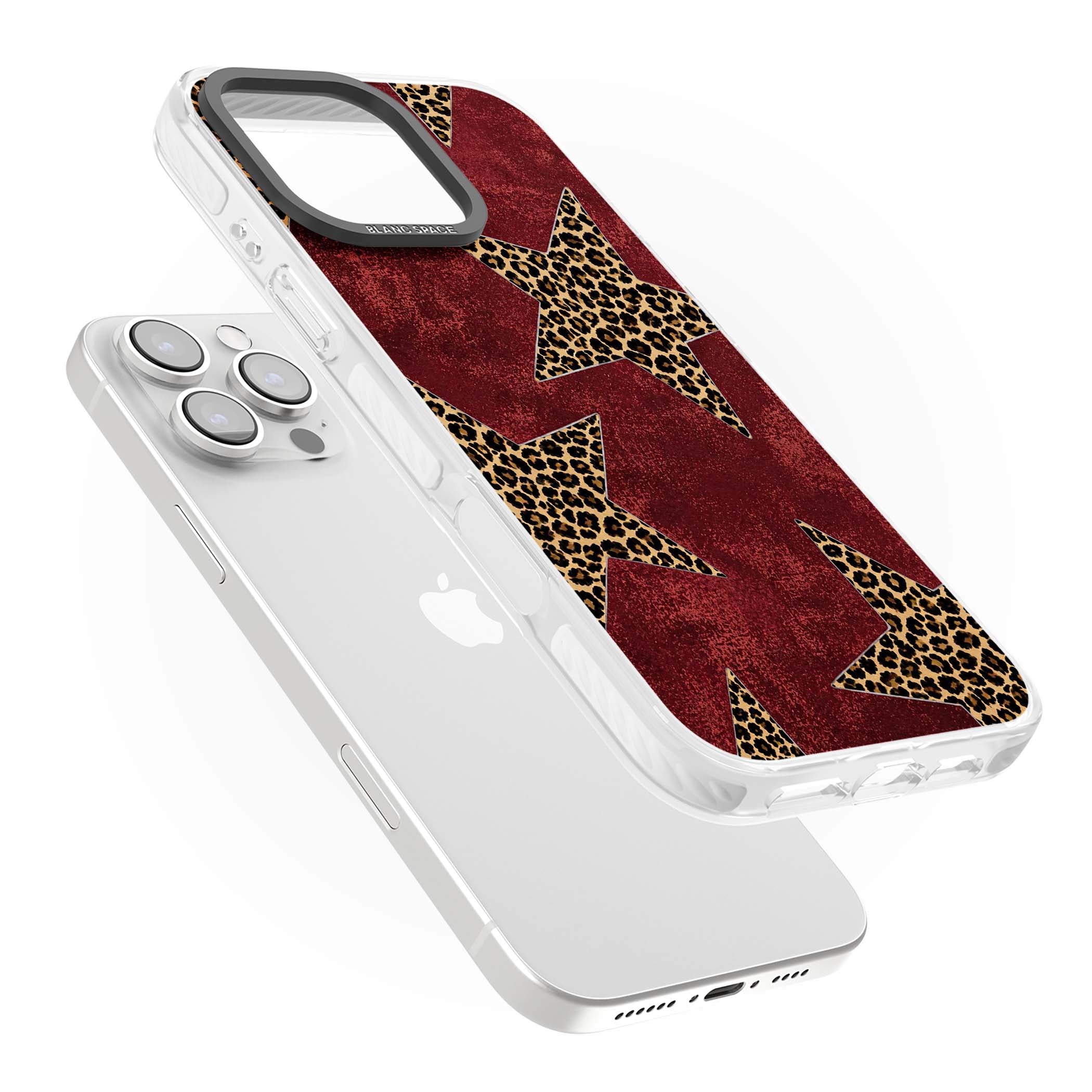 Showgirl leopard print iPhone case featuring cheetah print stars on distressed red grunge background | Clear Impact case for iPhone 16 Pro, iPhone 16 Pro Max