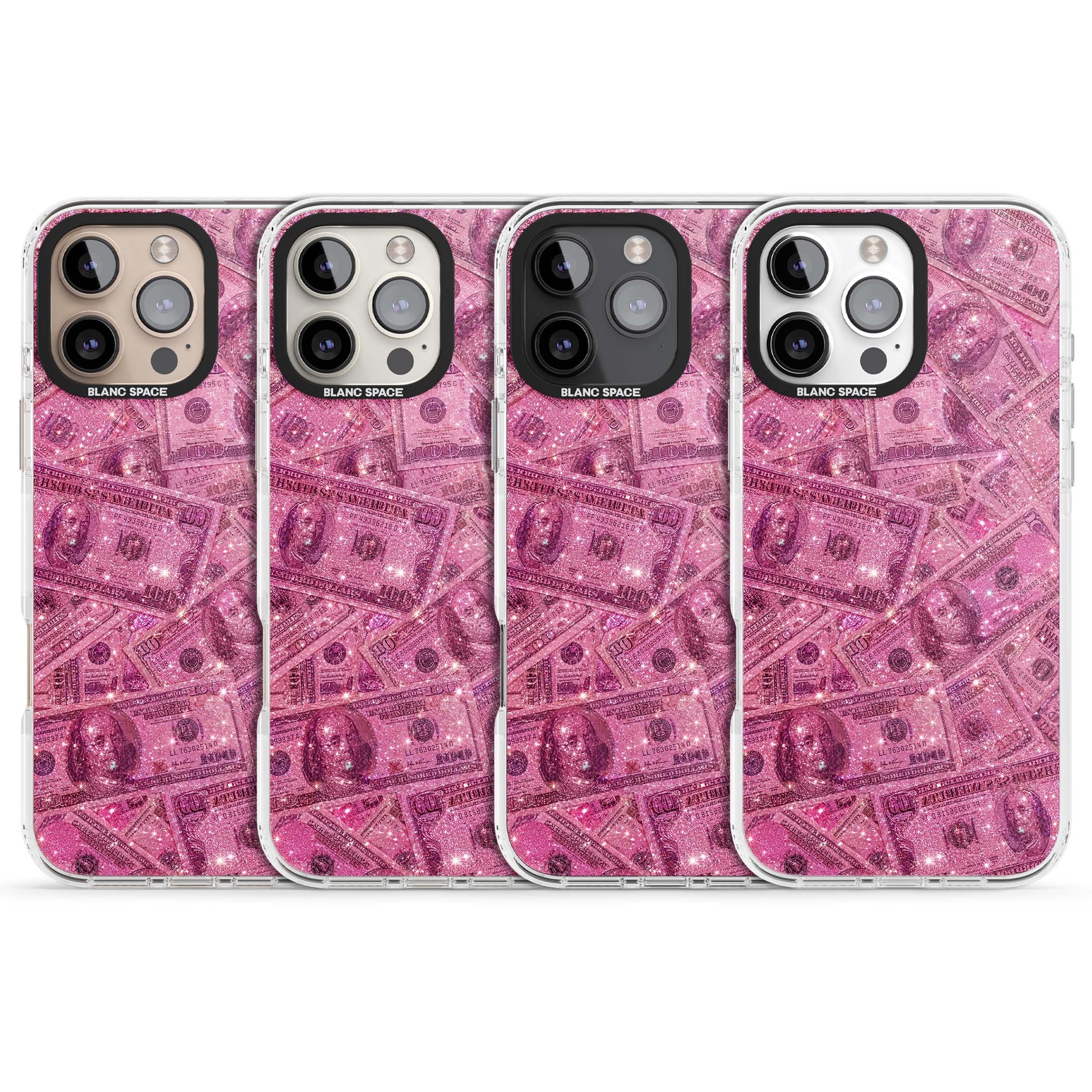Glamorous baddie iPhone case featuring pink glitter hundred dollar bills and sparkling money wallpaper design | Clear Impact case for iPhone 16 Pro, iPhone 16 Pro Max