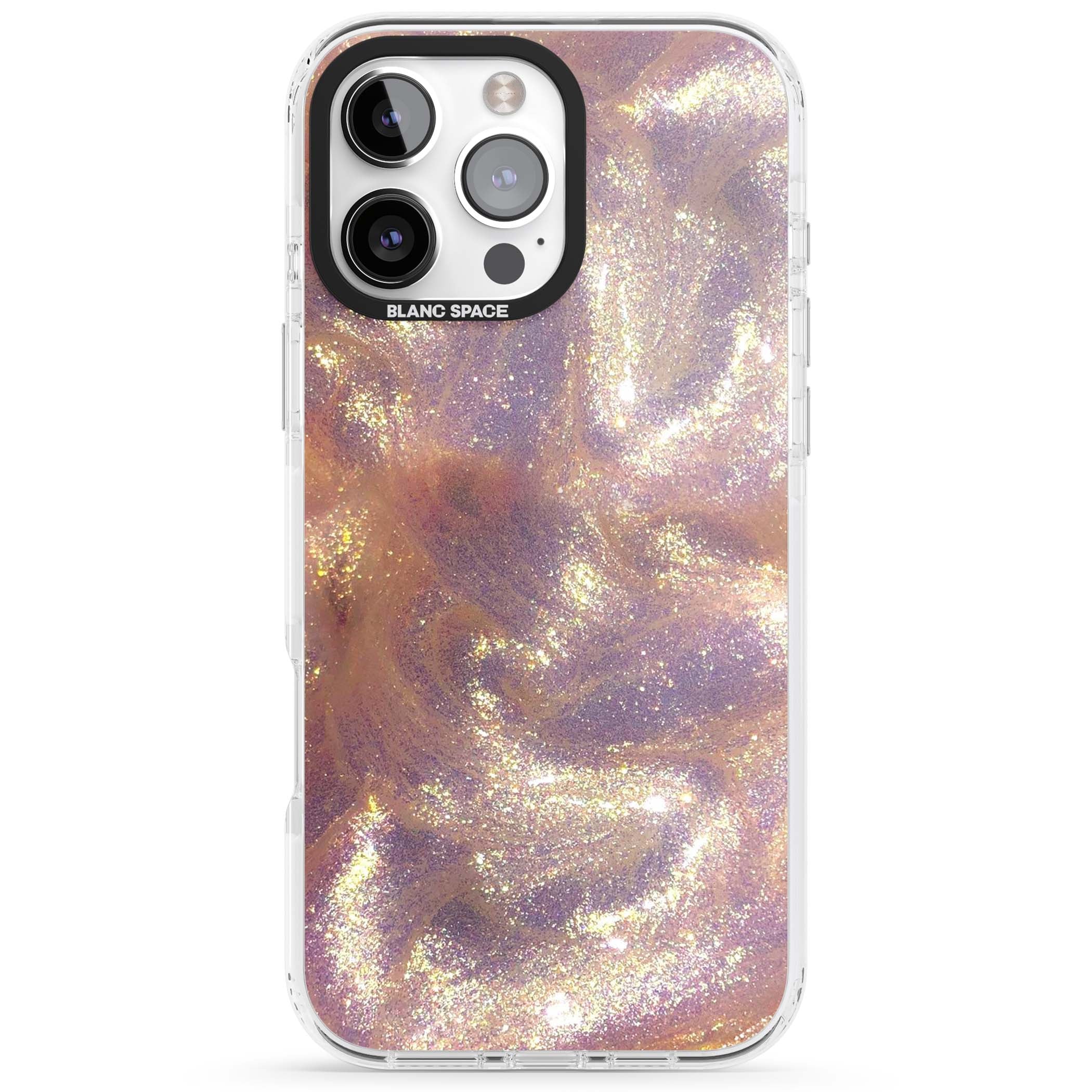 Shimmer marble iPhone case featuring rose gold glitter swirls, lilac shimmer and iridescent pearl finish | Clear Impact case for iPhone 16 Pro, iPhone 16 Pro Max