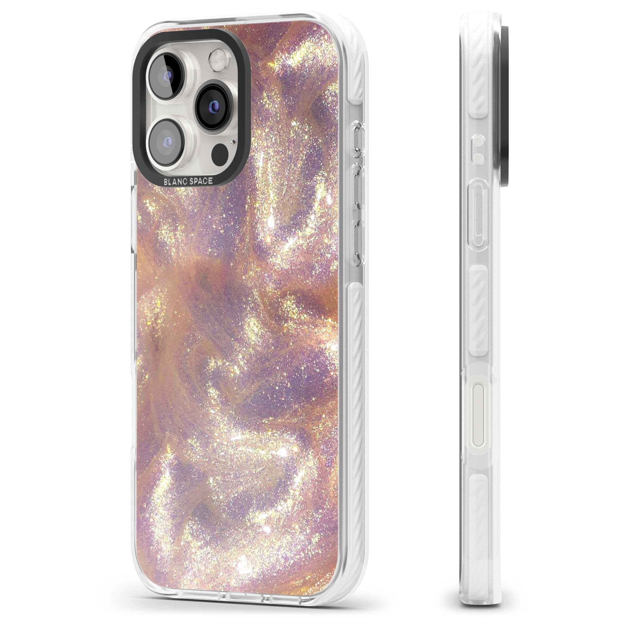 Shimmer marble iPhone case featuring rose gold glitter swirls, lilac shimmer and iridescent pearl finish | Clear Impact case for iPhone 16 Pro, iPhone 16 Pro Max