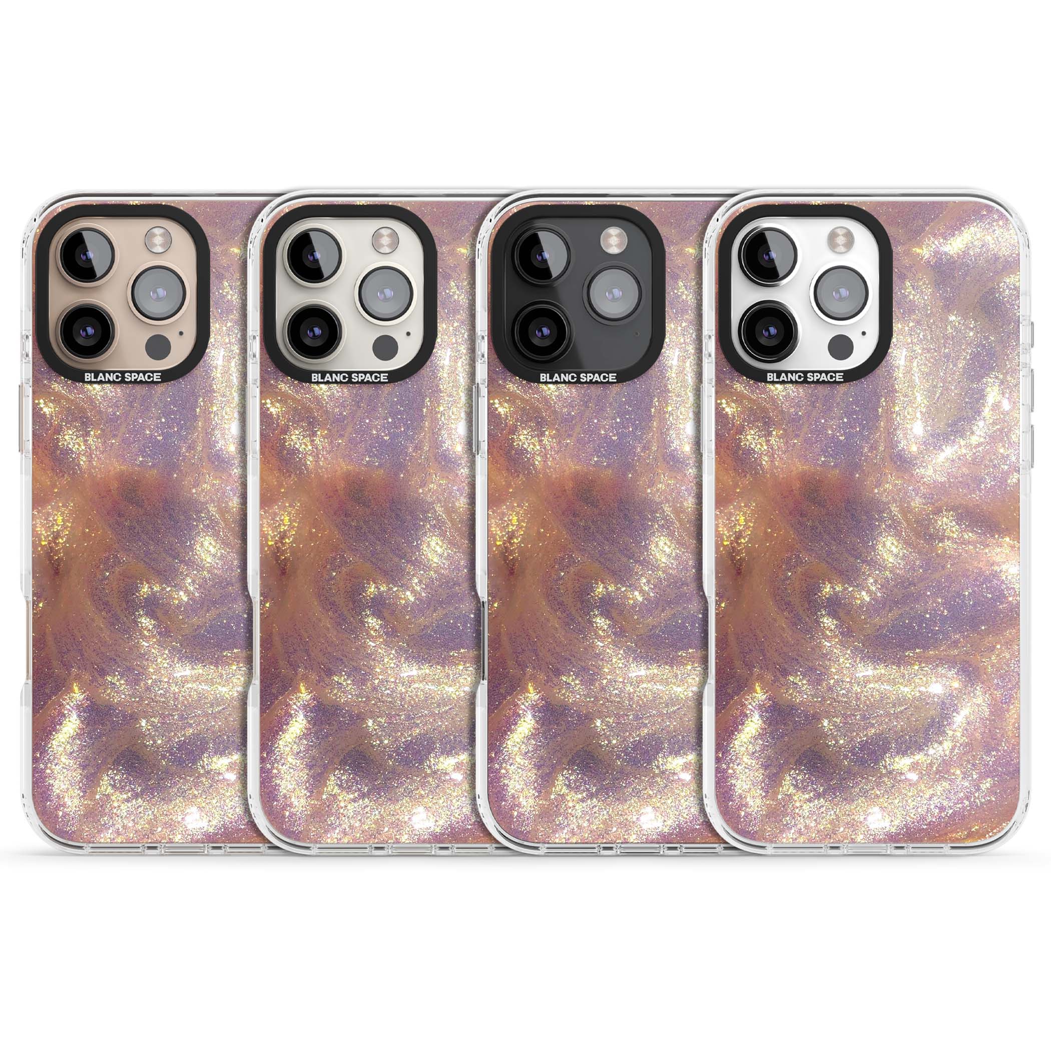 Shimmer marble iPhone case featuring rose gold glitter swirls, lilac shimmer and iridescent pearl finish | Clear Impact case for iPhone 16 Pro, iPhone 16 Pro Max