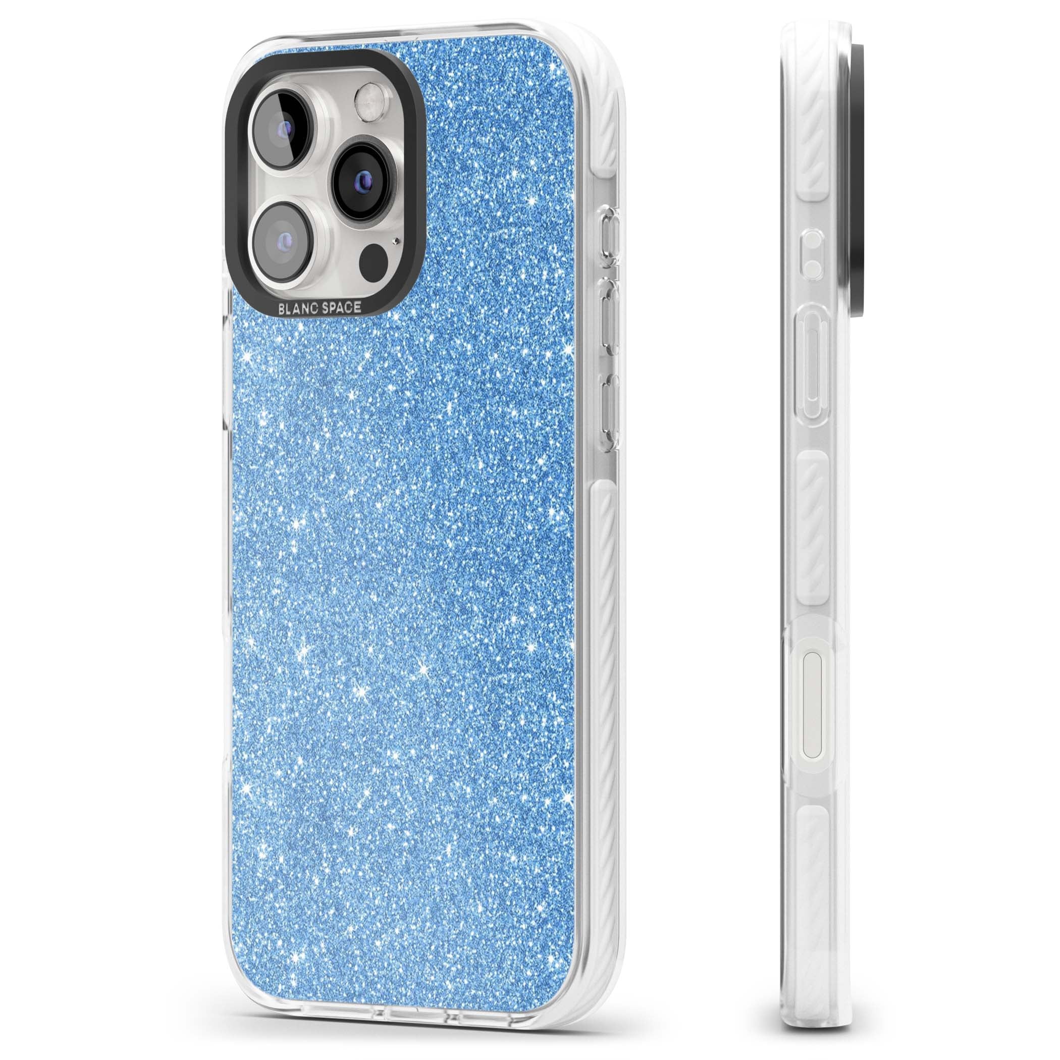Blue Glitter blue glitter iPhone case featuring dense sparkling cerulean glitter with a glamorous shimmering finish | Clear Impact case for iPhone 16 Pro, iPhone 16 Pro Max