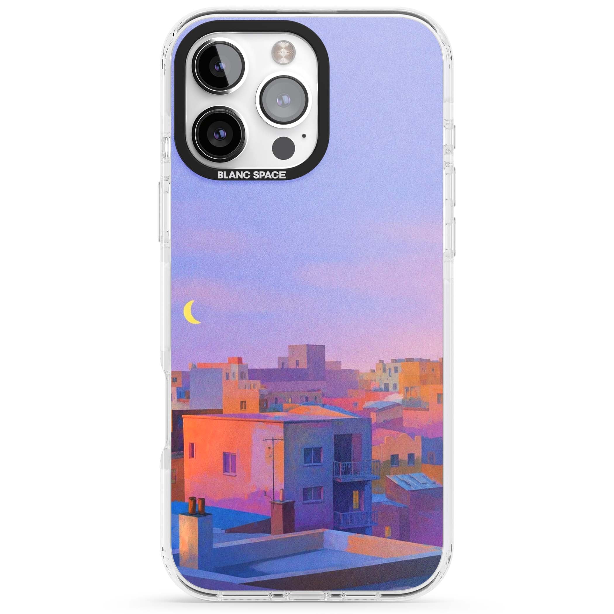 Twilight Rooftops vaporwave iPhone case featuring a pastel sunset cityscape, painted rooftops and a crescent moon. | Clear Impact case for iPhone 16 Pro, iPhone 16 Pro Max