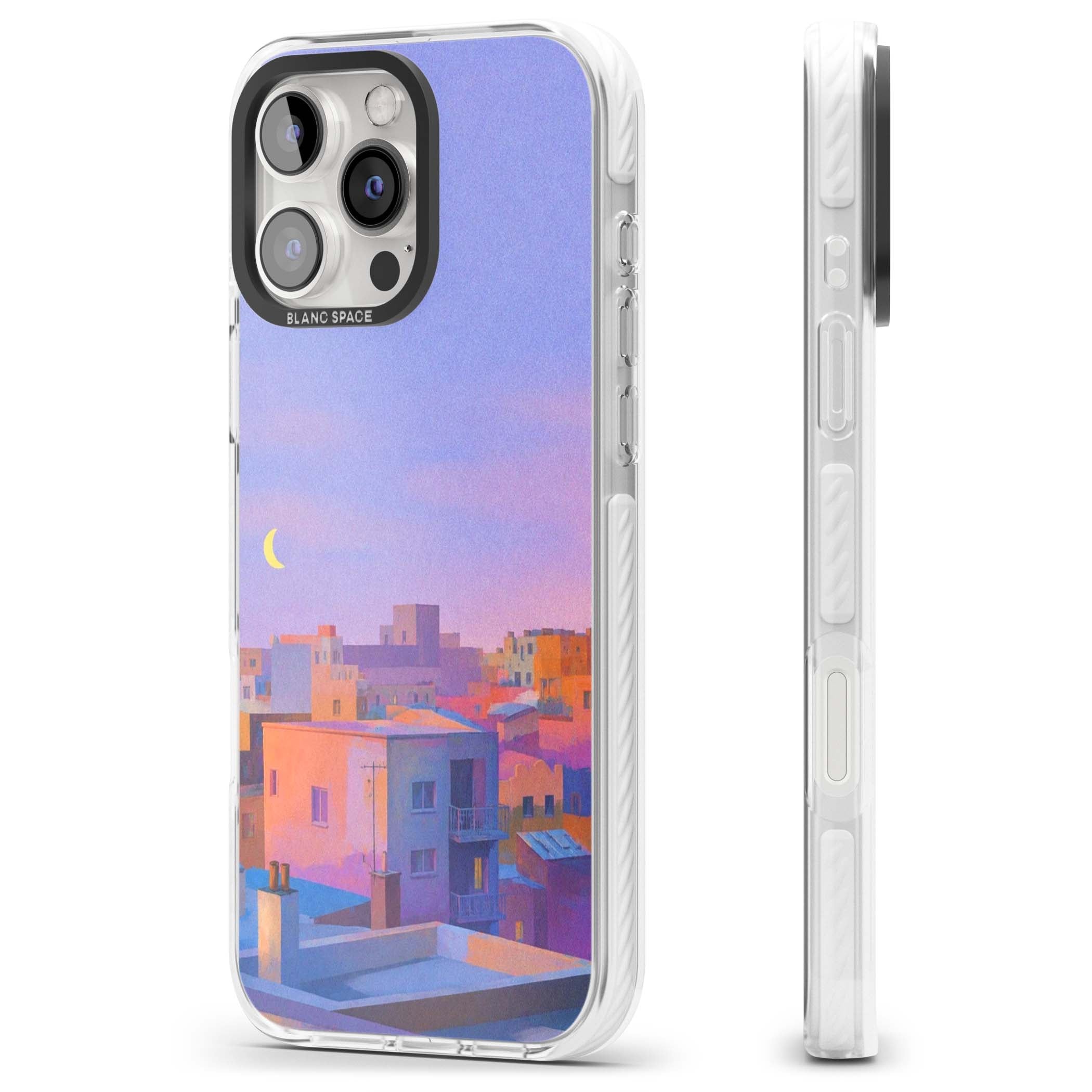 Twilight Rooftops vaporwave iPhone case featuring a pastel sunset cityscape, painted rooftops and a crescent moon. | Clear Impact case for iPhone 16 Pro, iPhone 16 Pro Max