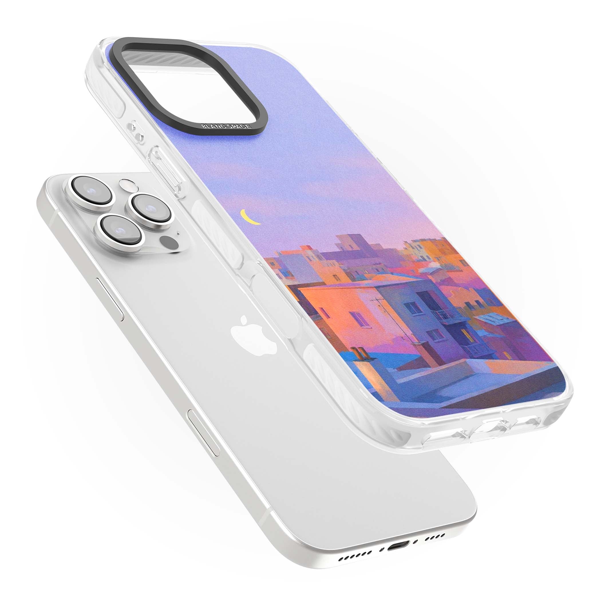 Twilight Rooftops vaporwave iPhone case featuring a pastel sunset cityscape, painted rooftops and a crescent moon. | Clear Impact case for iPhone 16 Pro, iPhone 16 Pro Max