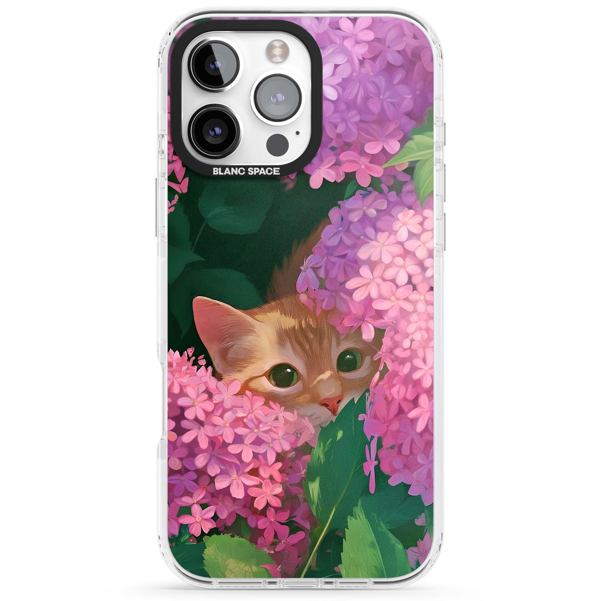 Cat In Pink Flowers cottagecore iPhone case featuring a ginger kitten peeking through lilac and pink hydrangea flo | Clear Impact case for iPhone 16 Pro, iPhone 16 Pro Max