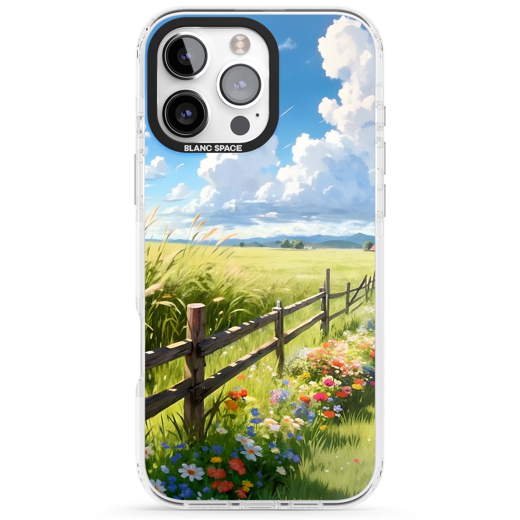 A Countryside Afternoon cottagecore iPhone case featuring a painted countryside meadow, wooden fence, and wildflowers beneath | Clear Impact case for iPhone 16 Pro, iPhone 16 Pro Max