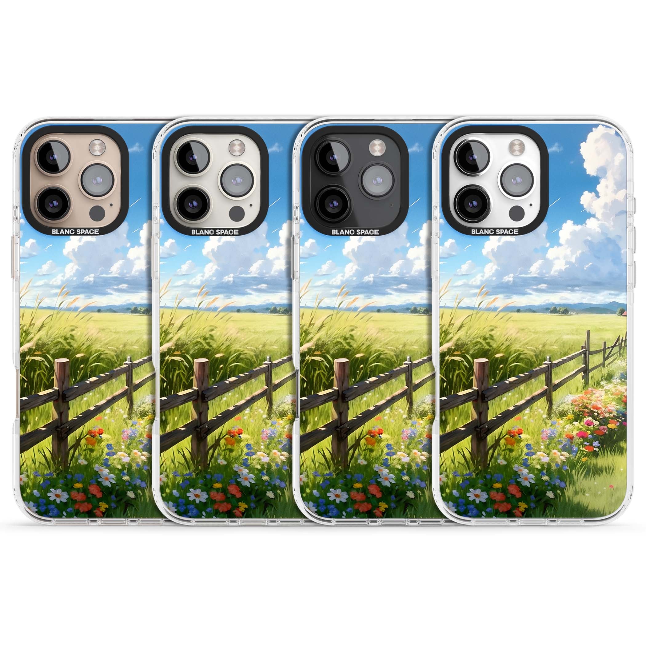 A Countryside Afternoon cottagecore iPhone case featuring a painted countryside meadow, wooden fence, and wildflowers beneath | Clear Impact case for iPhone 16 Pro, iPhone 16 Pro Max