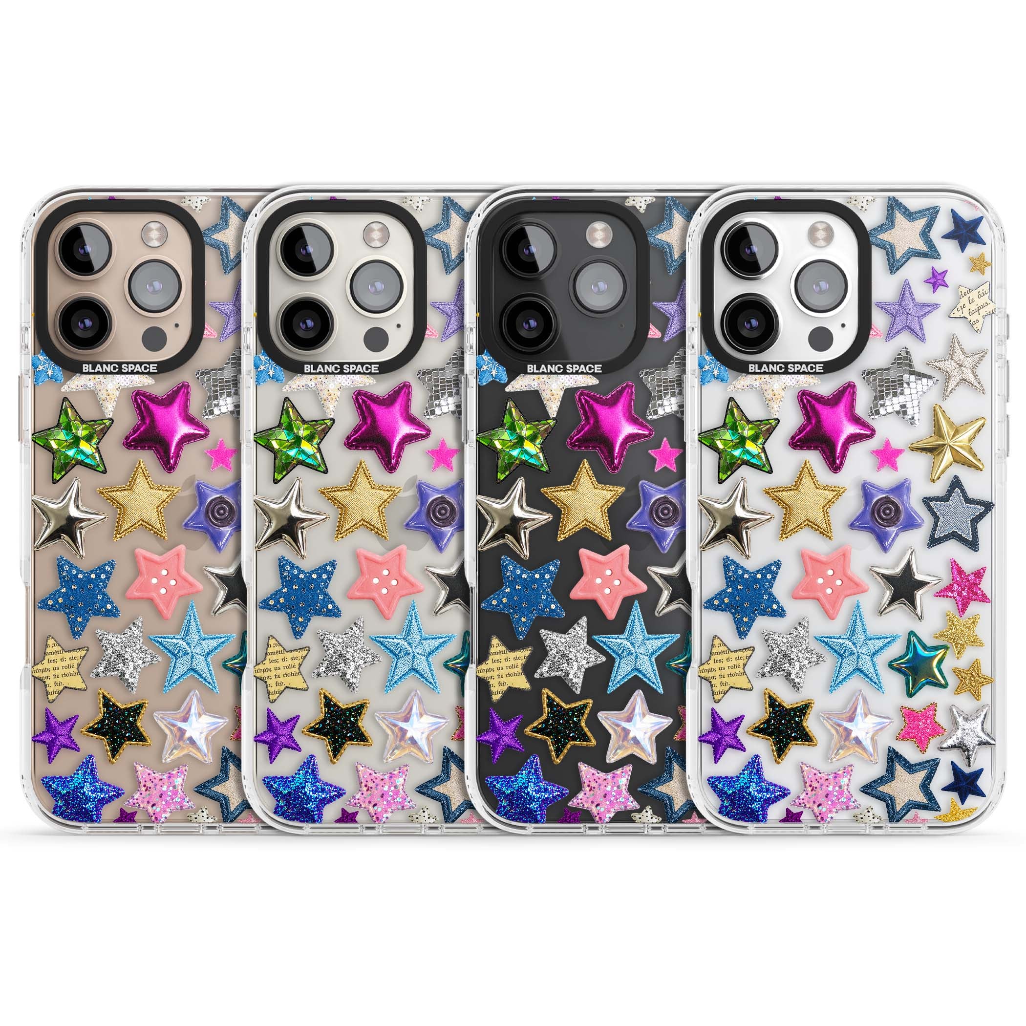 Crafty Star Mix Y2K iPhone case featuring embroidered, sequinned and glitter star patches in rainbow colours | Clear Impact case for iPhone 16 Pro, iPhone 16 Pro Max