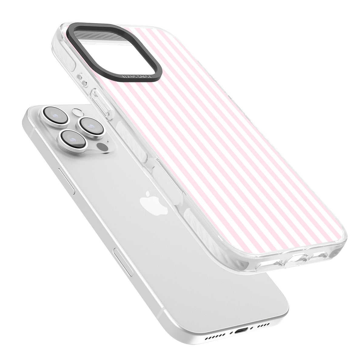Pink Stripe preppy iPhone case featuring soft pastel pink and white vertical candy stripes iPhone 16 Pro / iPhone 16 Pro Max Impact Clear Phone Case angled