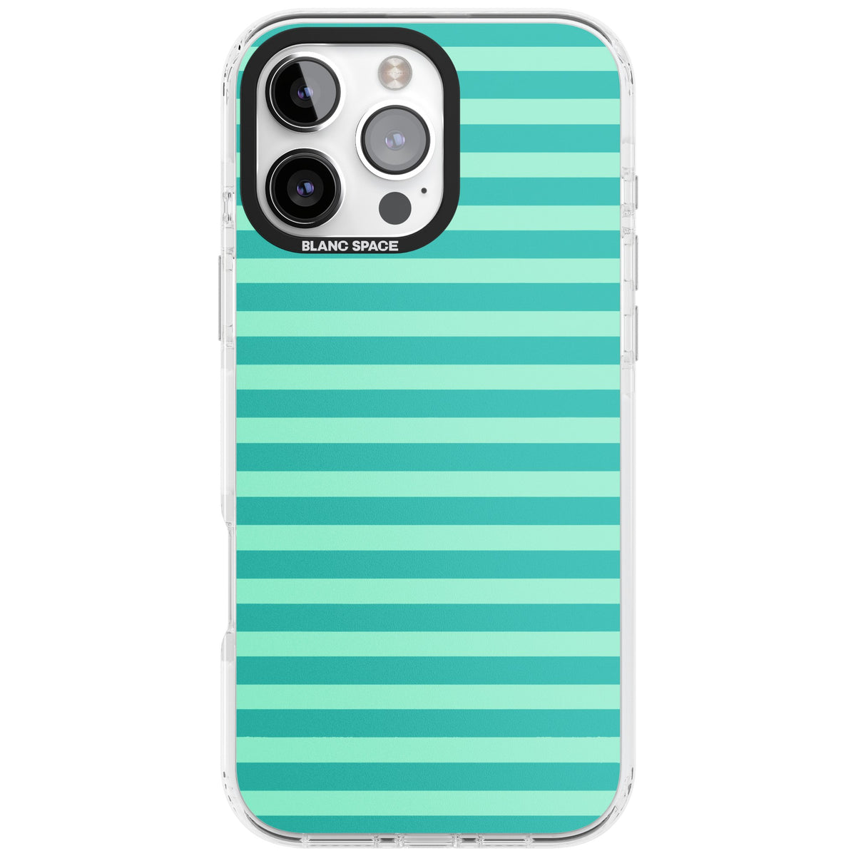 Turquoise Stripe preppy iPhone case featuring horizontal teal and mint green stripes on a black protective frame iPhone 16 Pro Max Impact Clear Phone Case front