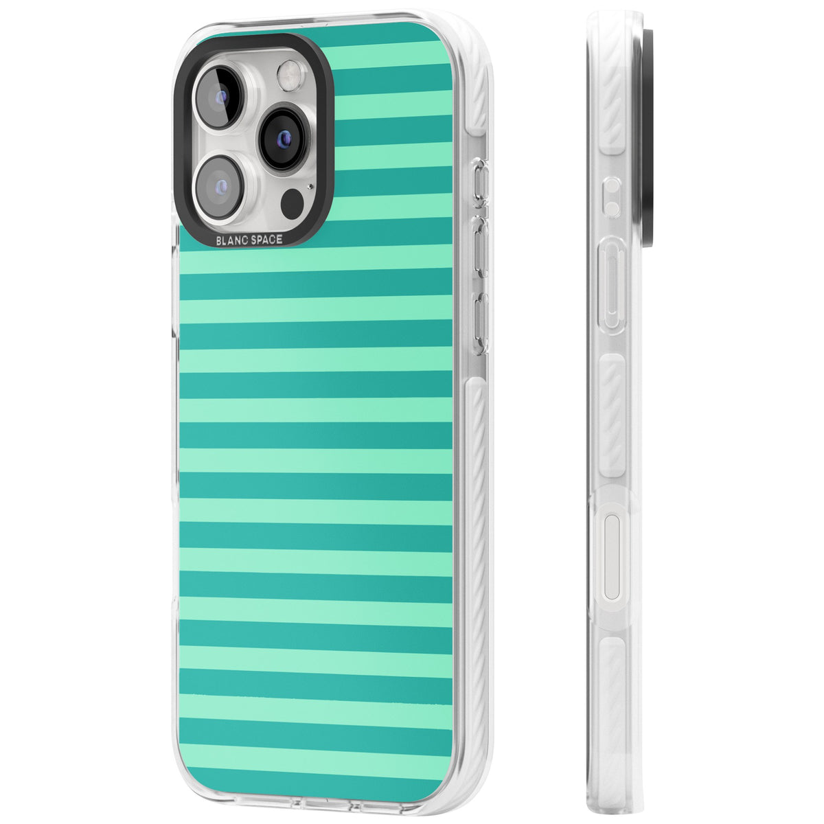 Turquoise Stripe preppy iPhone case featuring horizontal teal and mint green stripes on a black protective frame iPhone 16 Pro / iPhone 16 Pro Max Impact Clear Phone Case side