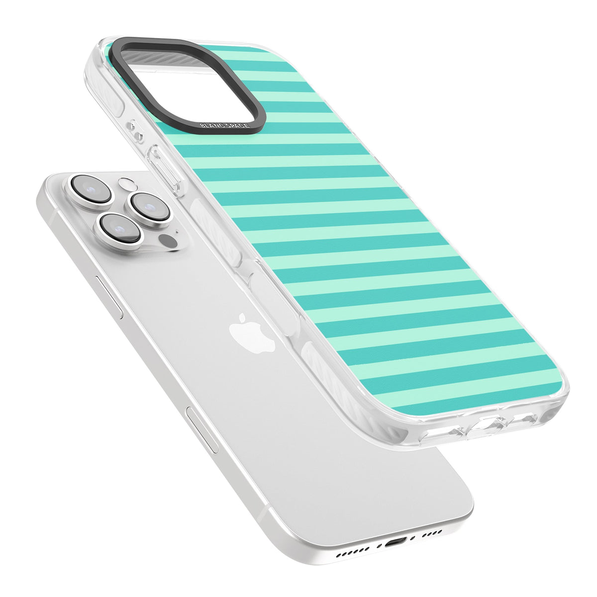 Turquoise Stripe preppy iPhone case featuring horizontal teal and mint green stripes on a black protective frame iPhone 16 Pro / iPhone 16 Pro Max Impact Clear Phone Case angled