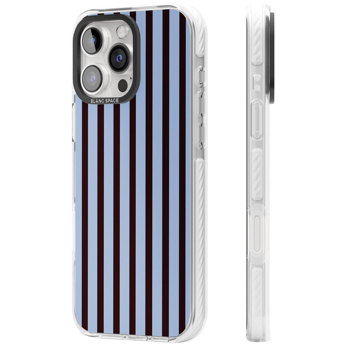 Blackcurrant Stripe preppy iPhone case featuring vertical burgundy and light blue stripes in a classic pinstripe layout iPhone 16 Pro / iPhone 16 Pro Max Impact Clear Phone Case side